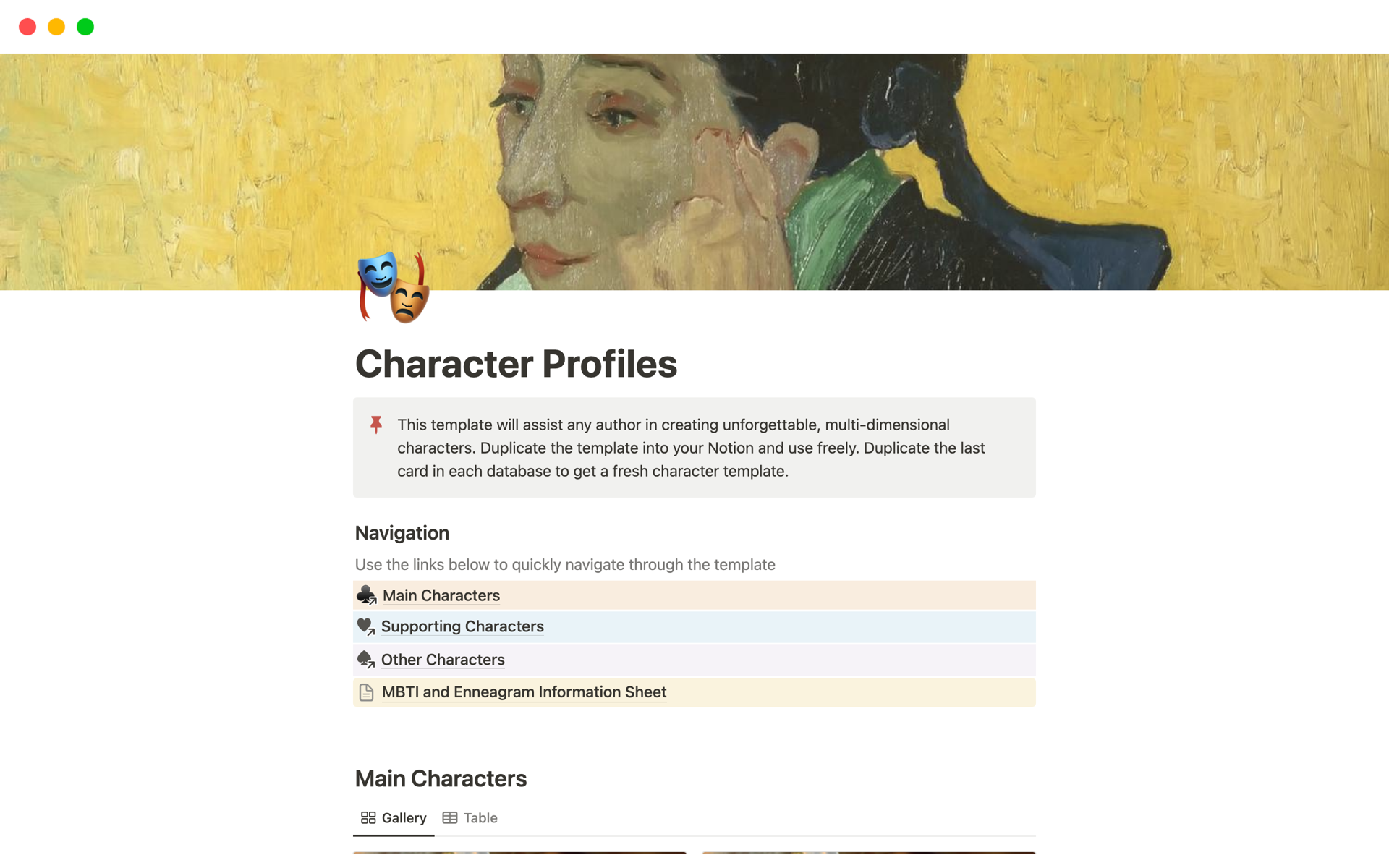 En förhandsgranskning av mallen för Character Profiles