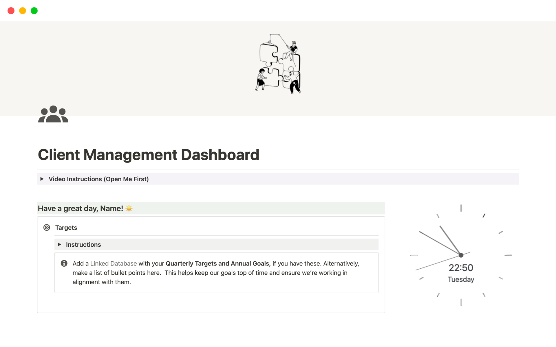 En forhåndsvisning av mal for Client Management Dashboard