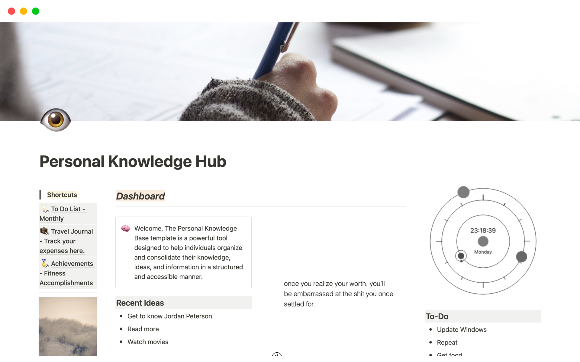 En forhåndsvisning av mal for Personal Knowledge Hub