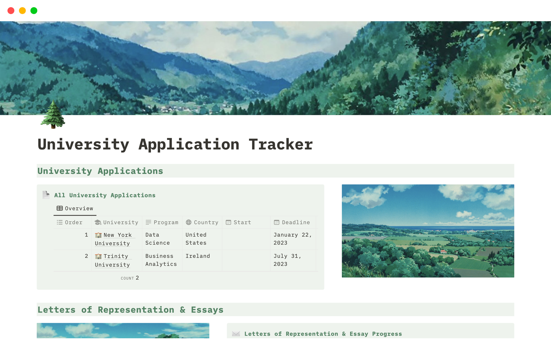 En forhåndsvisning av mal for Chill Green University Application Tracker