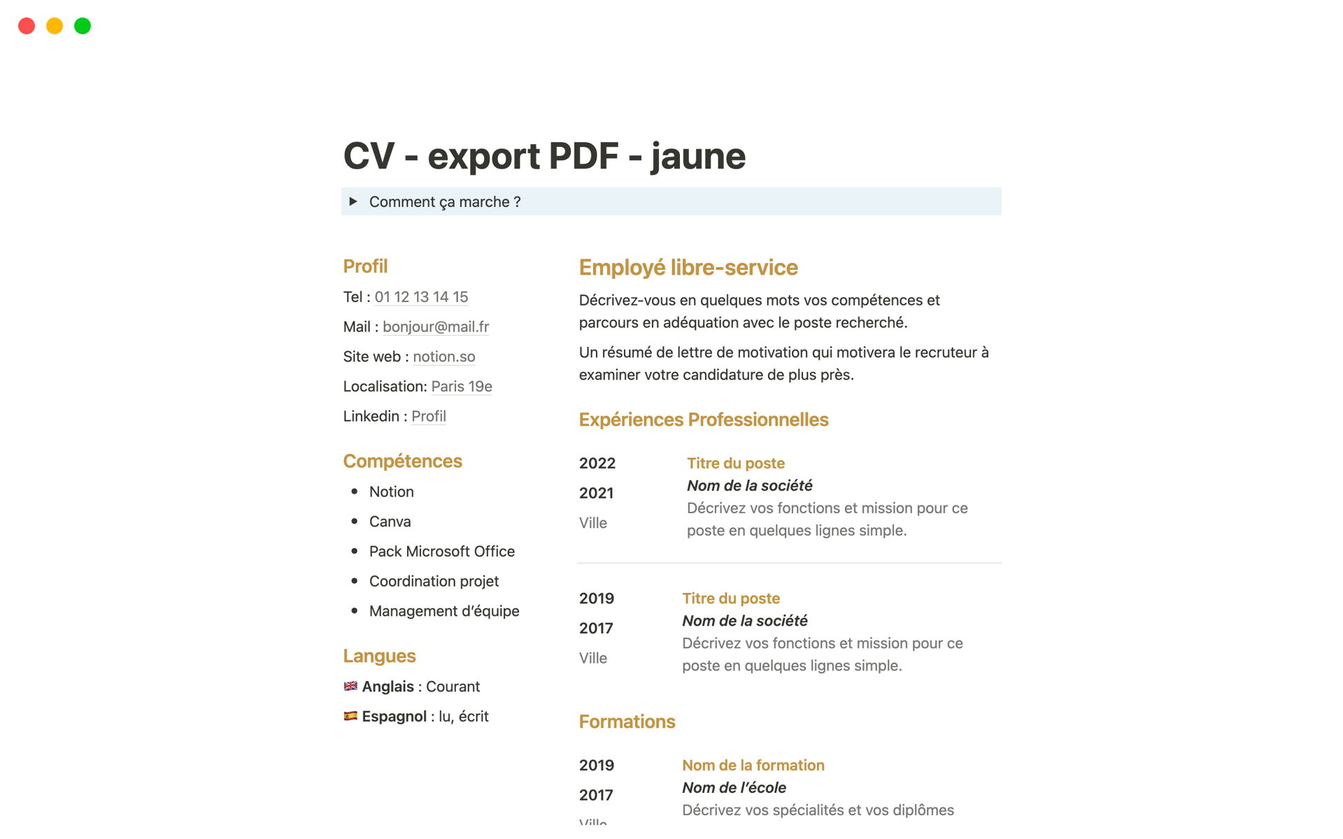 En förhandsgranskning av mallen för CV simple pour export PDF - jaune