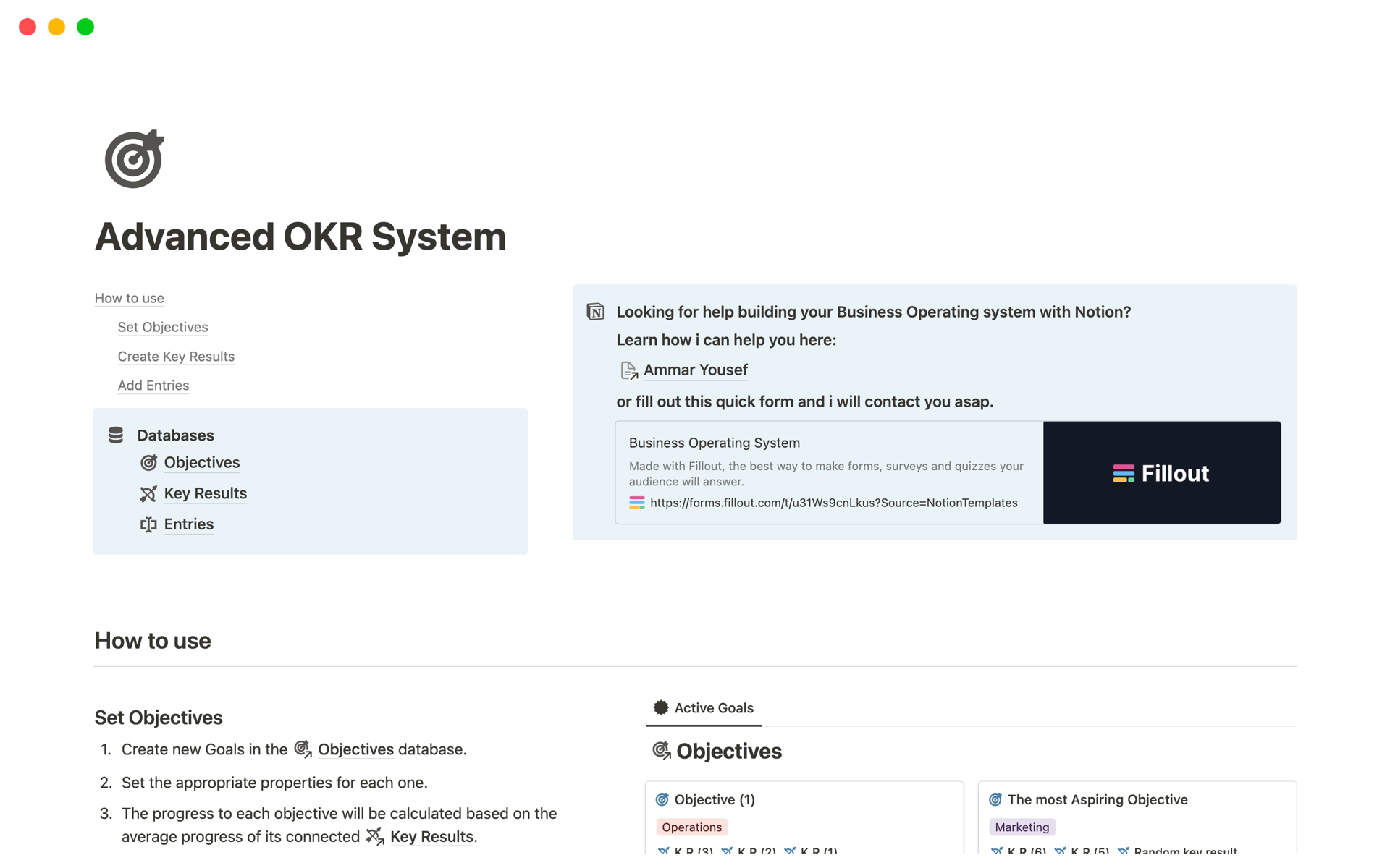 En forhåndsvisning av mal for Advanced OKR System