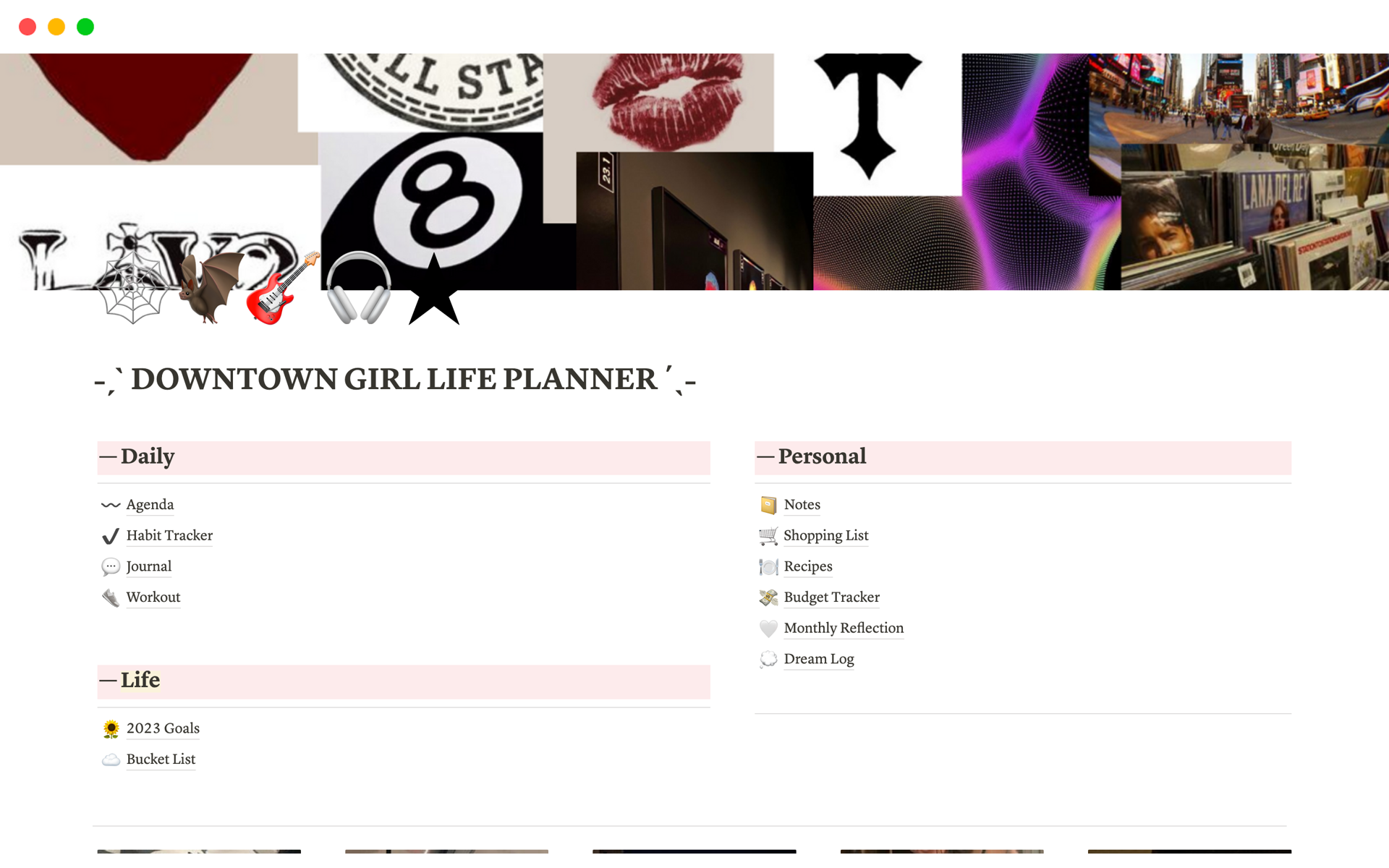 A template preview for DOWNTOWN GIRL LIFE PLANNER