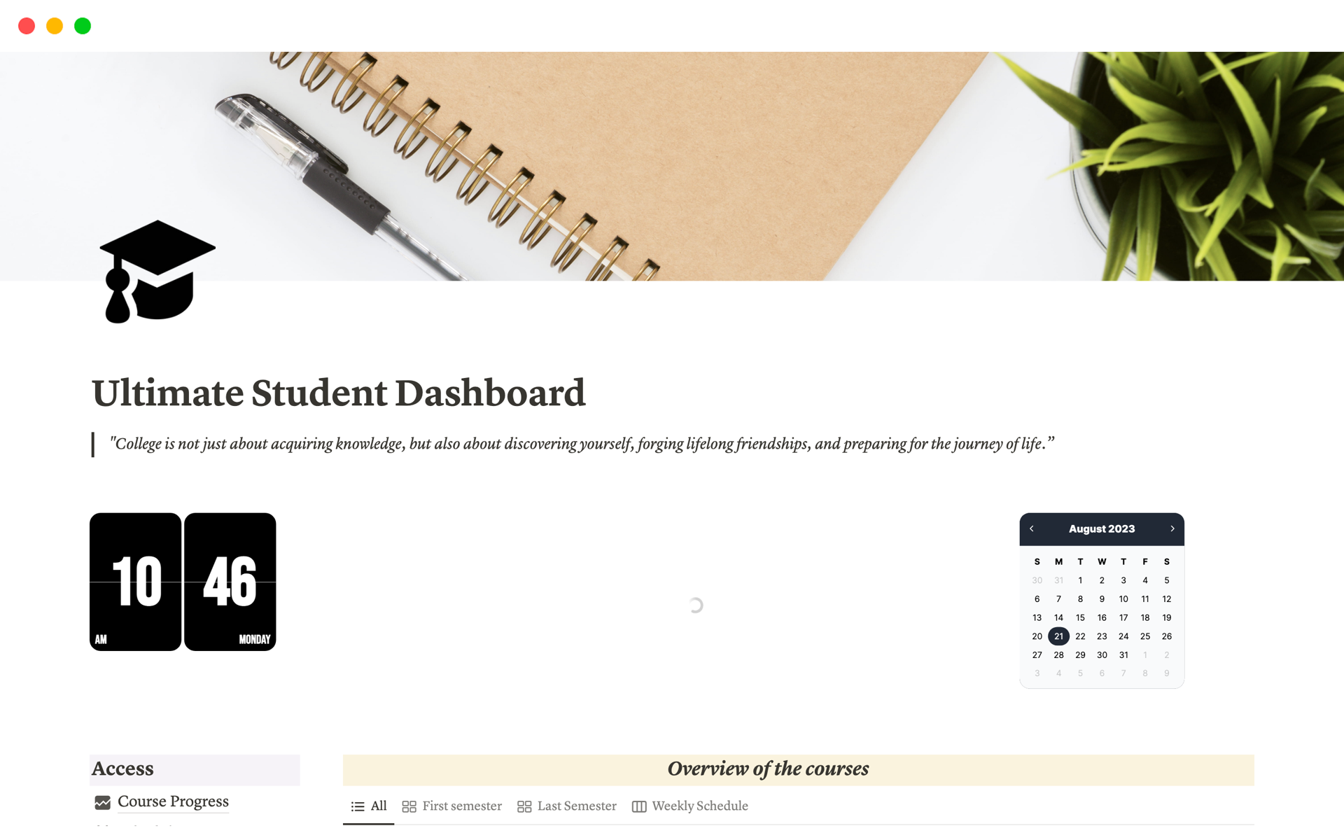 Uma prévia do modelo para Ultimate Student Dashboard