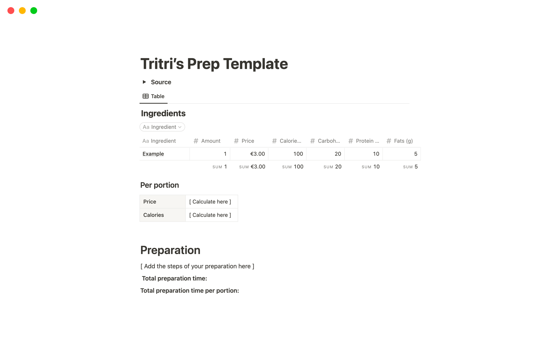 Vista previa de una plantilla para Tritri’s Prep Template