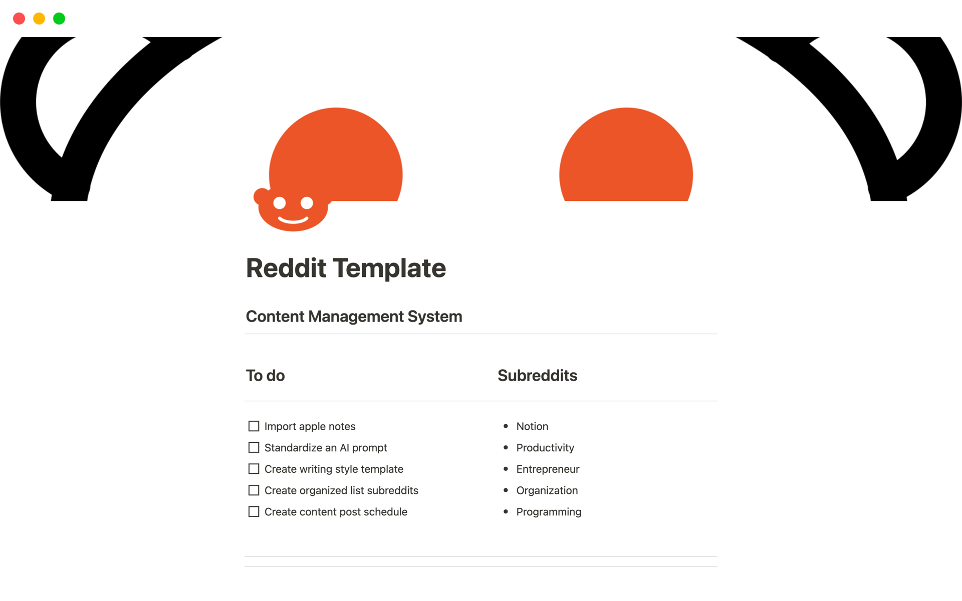 Vista previa de una plantilla para Reddit Content Management