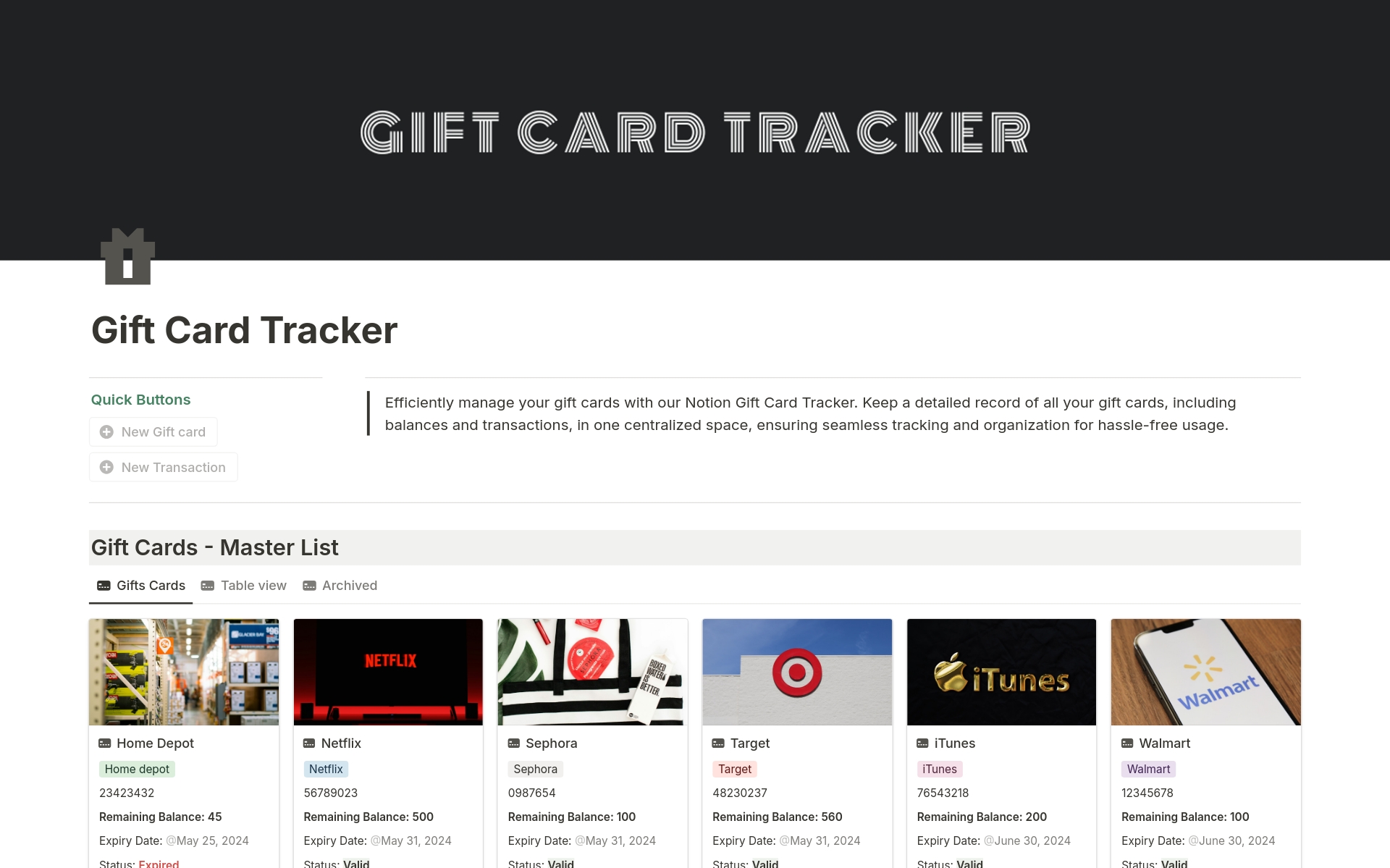 En förhandsgranskning av mallen för Gift Card Tracker