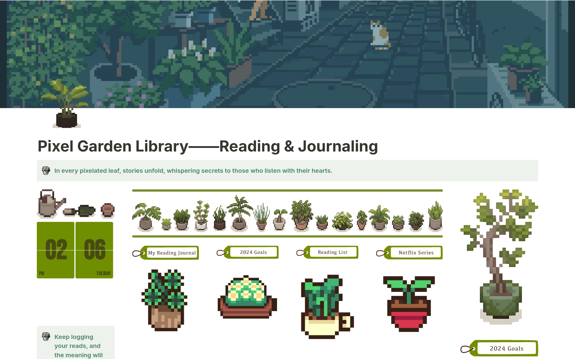 En förhandsgranskning av mallen för Pixel Garden Library——Reading & Journaling