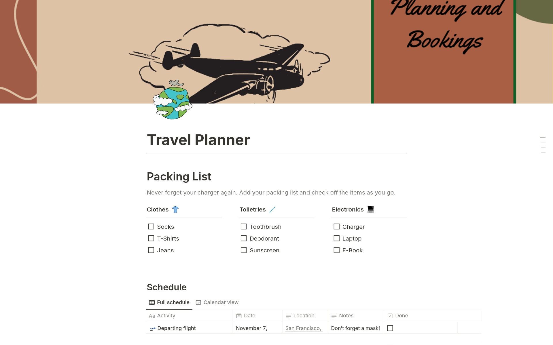 Aperçu du modèle de Travel Planner