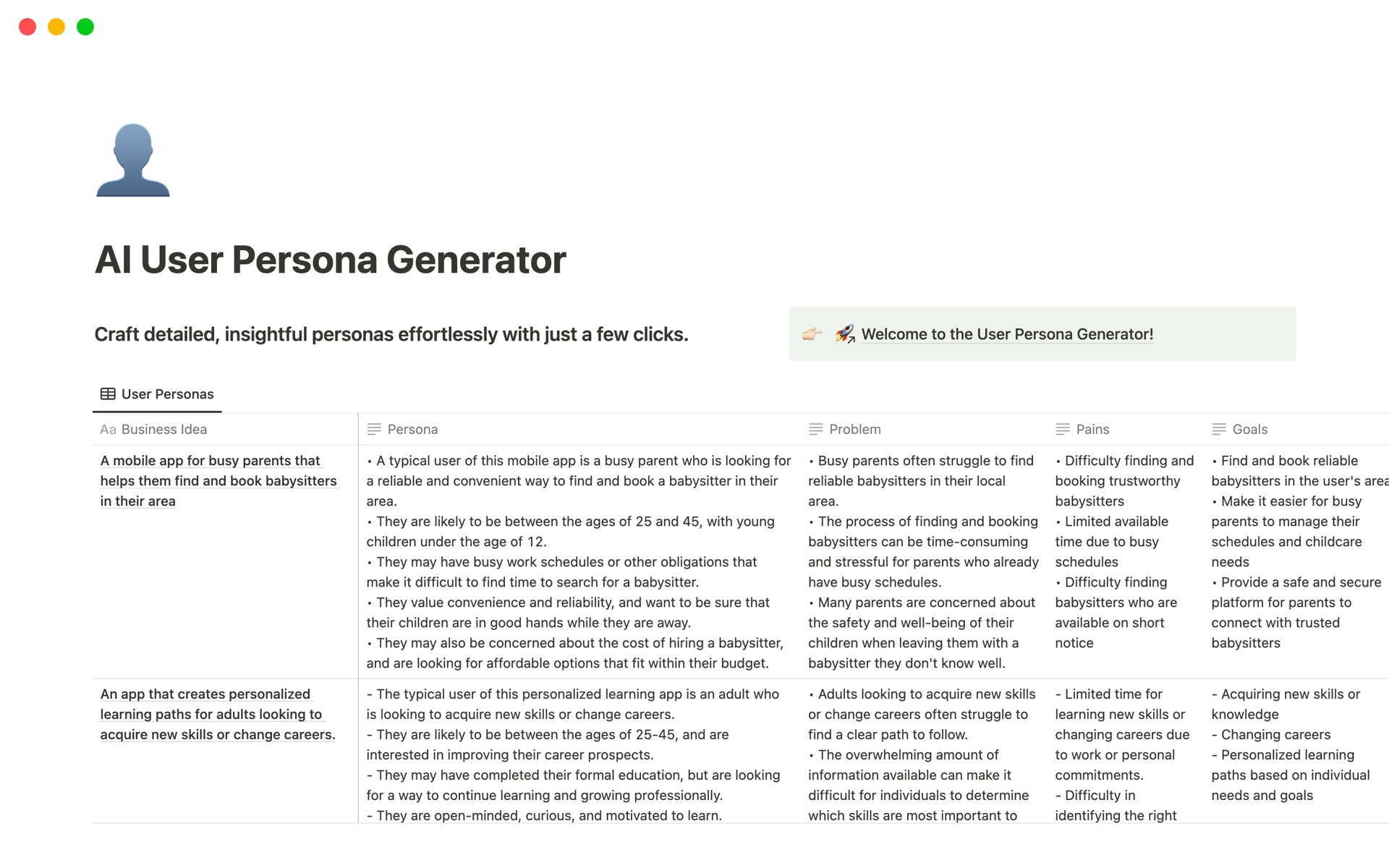 En forhåndsvisning av mal for AI User Persona Generator
