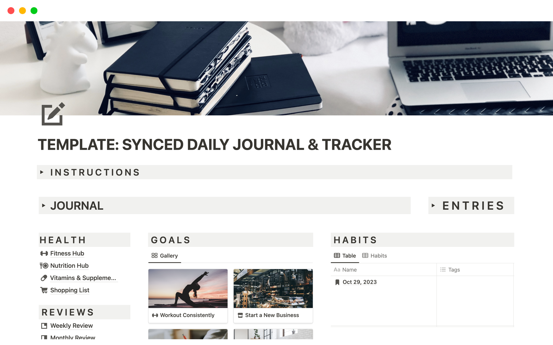 A template preview for SYNCED DAILY JOURNAL & TRACKER