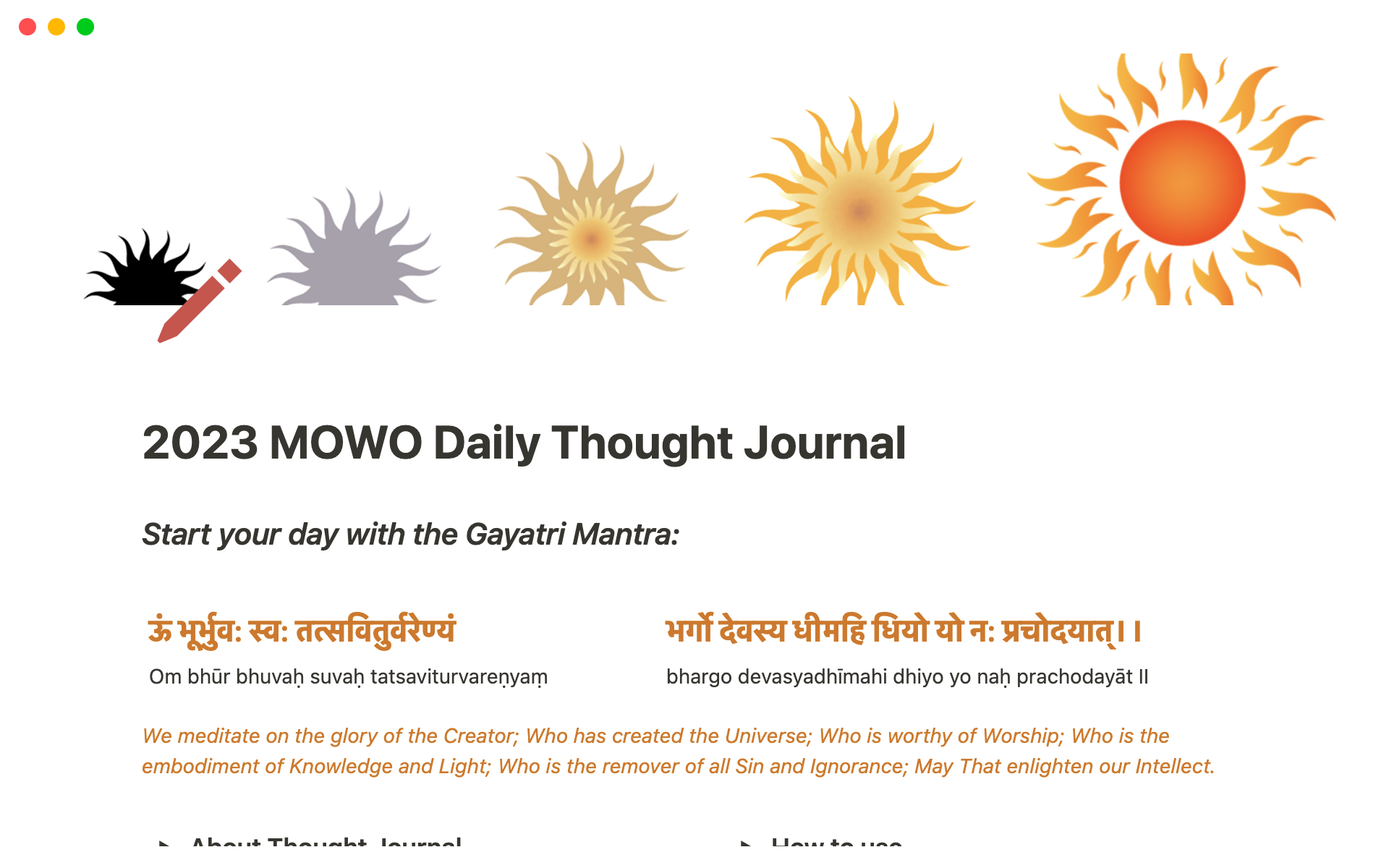 En förhandsgranskning av mallen för 2023 MOWO Daily Thought Journal