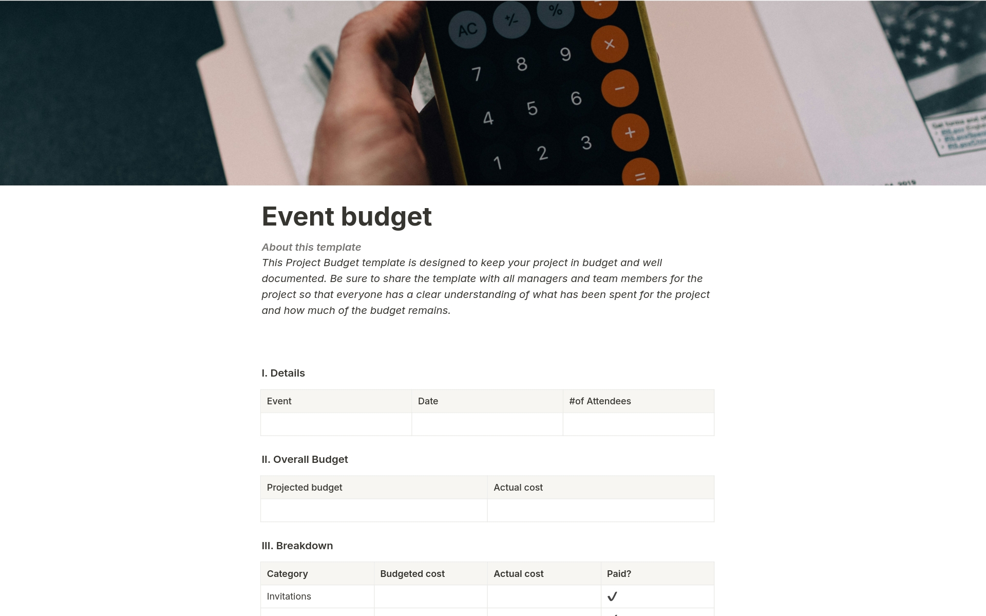 Vista previa de una plantilla para Event budget