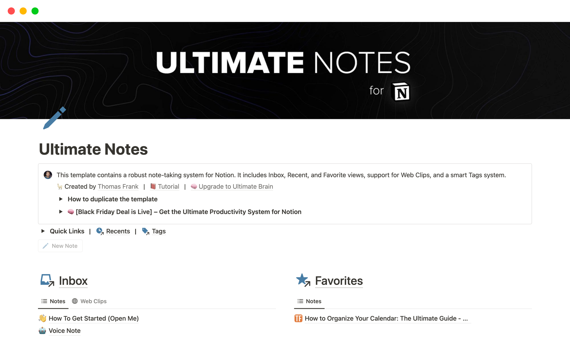 En förhandsgranskning av mallen för Ultimate Notes