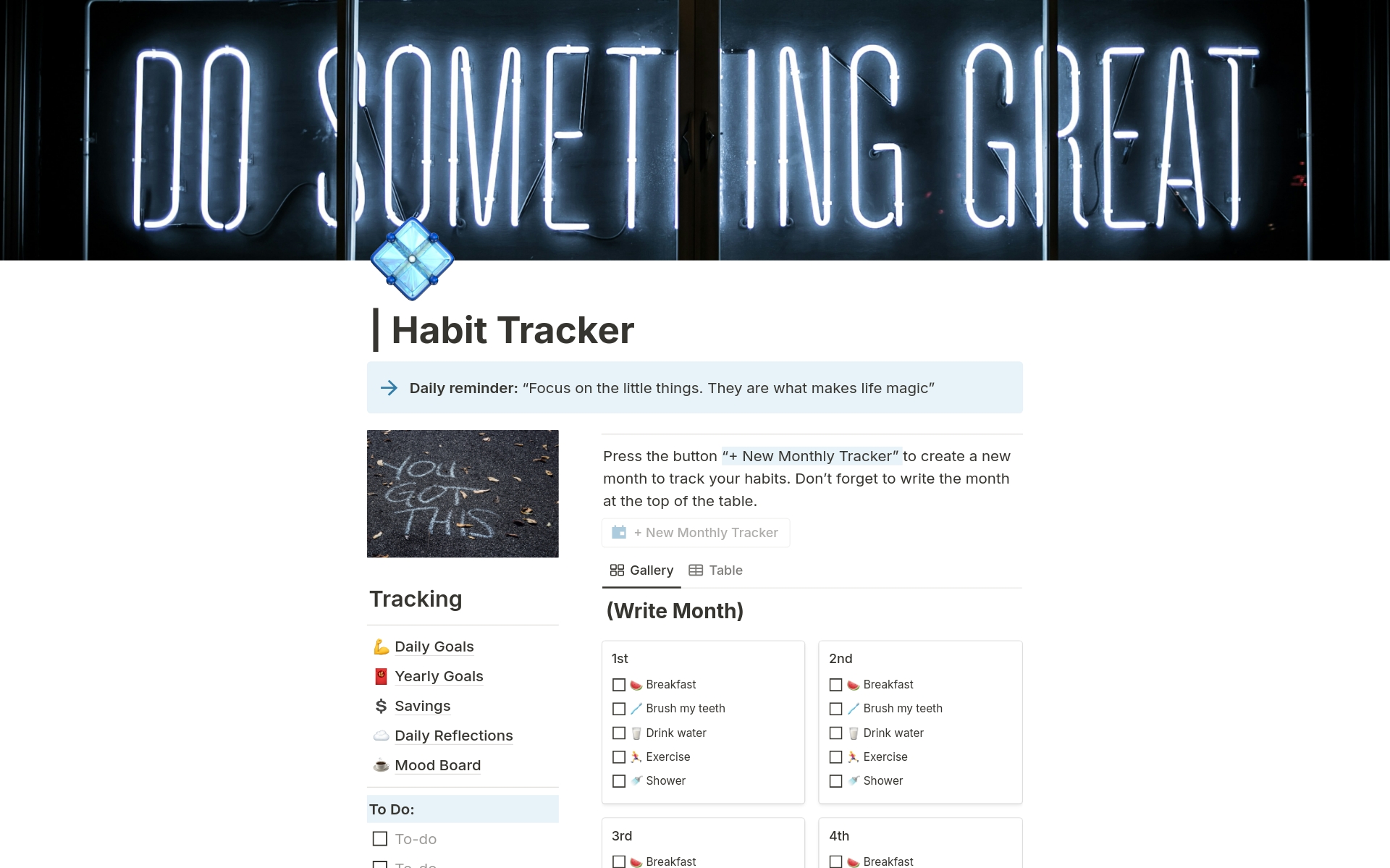 En forhåndsvisning av mal for | Habit Tracker
