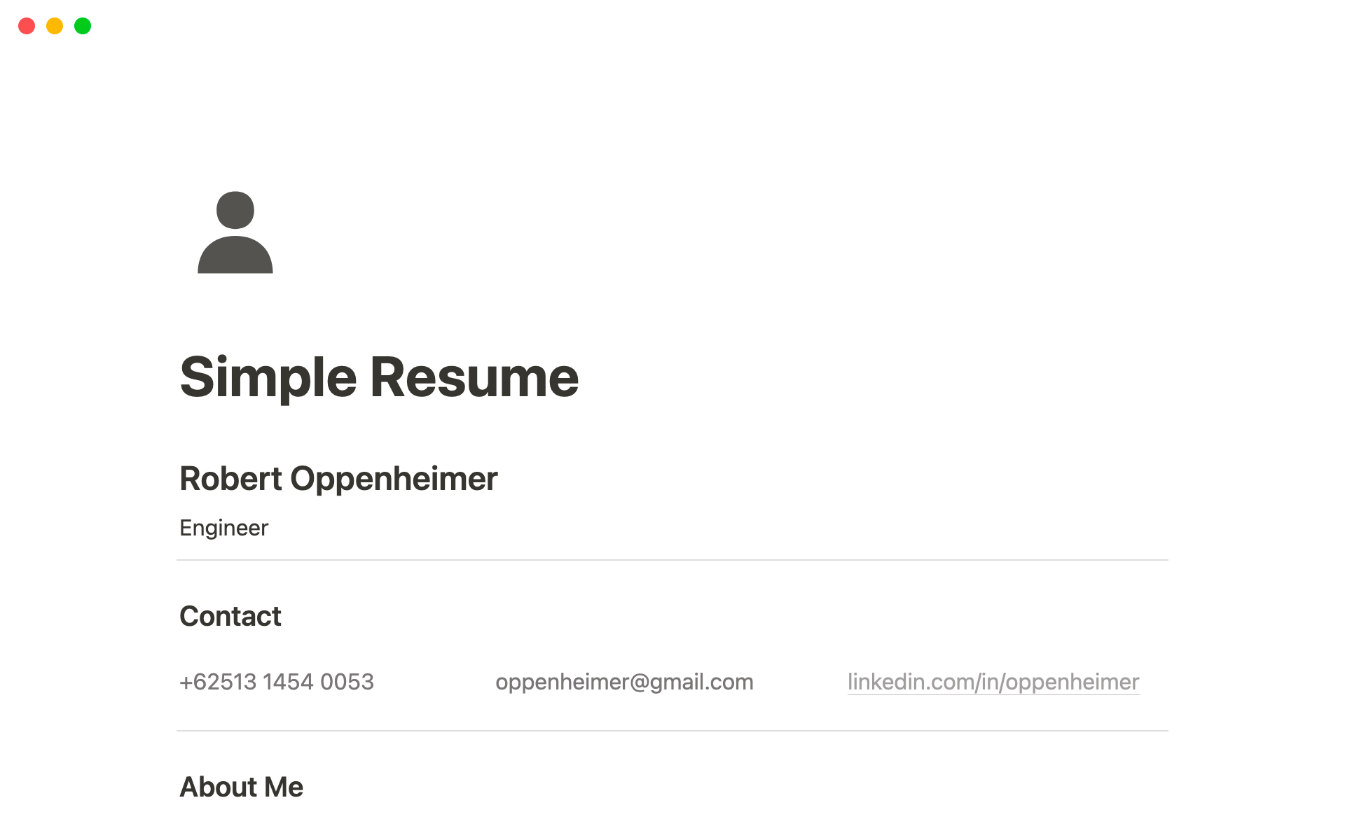 En förhandsgranskning av mallen för Simple Job Resume CV Notion Template