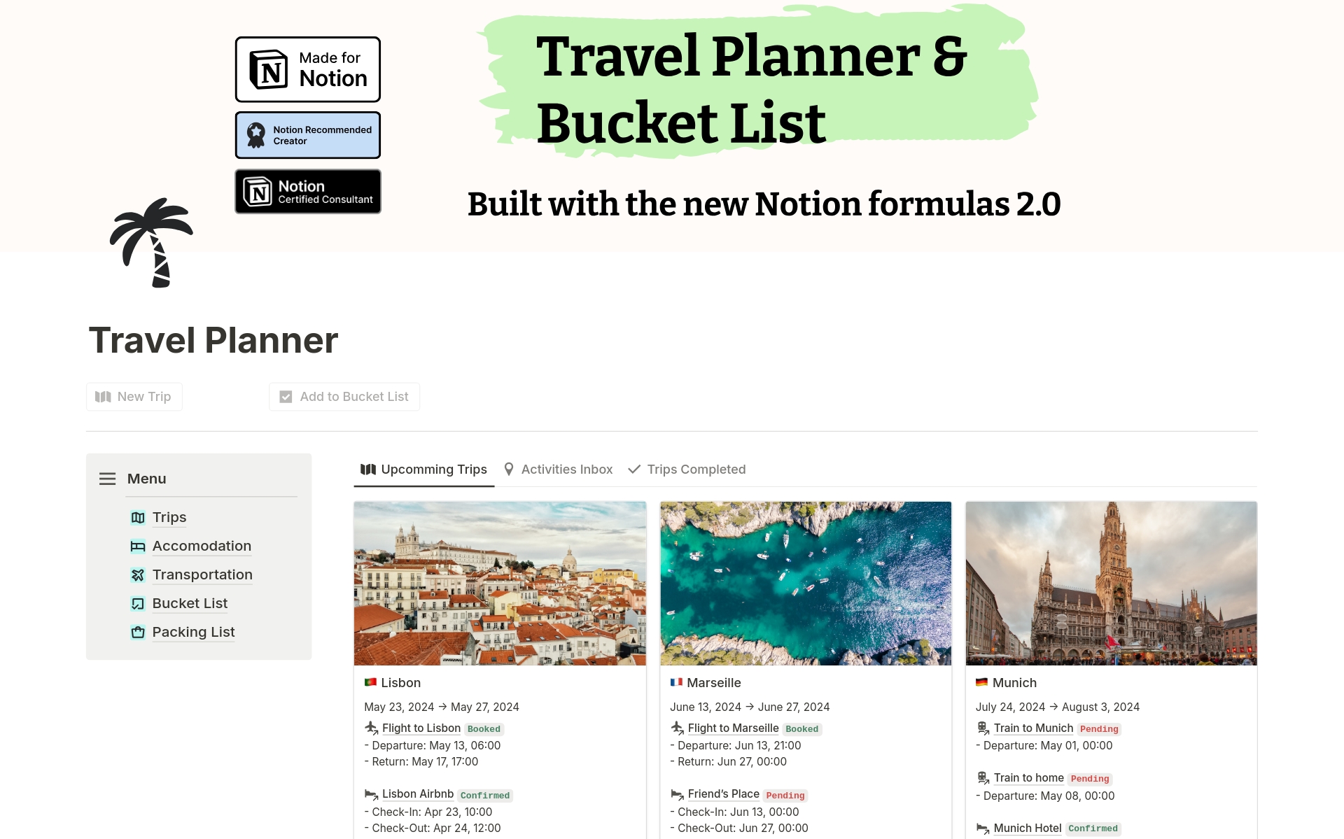 En förhandsgranskning av mallen för Travel Planner & Bucket List