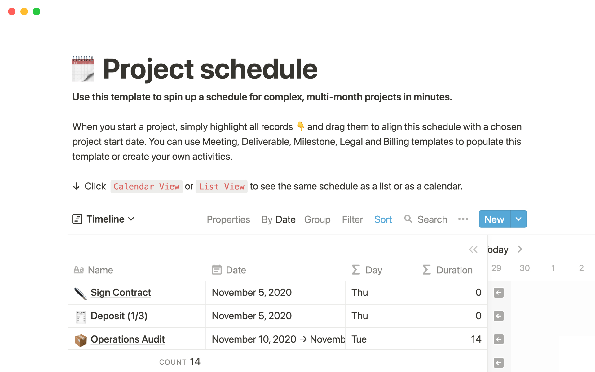 En förhandsgranskning av mallen för Project schedule