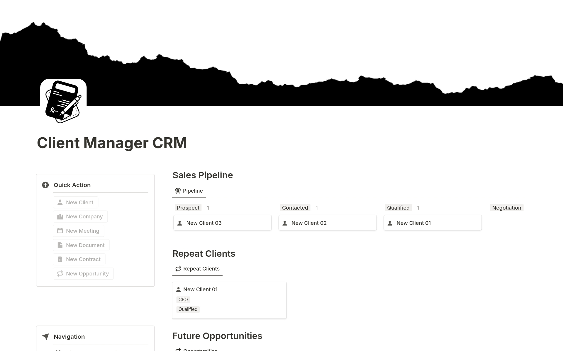 En forhåndsvisning av mal for Client Manager CRM