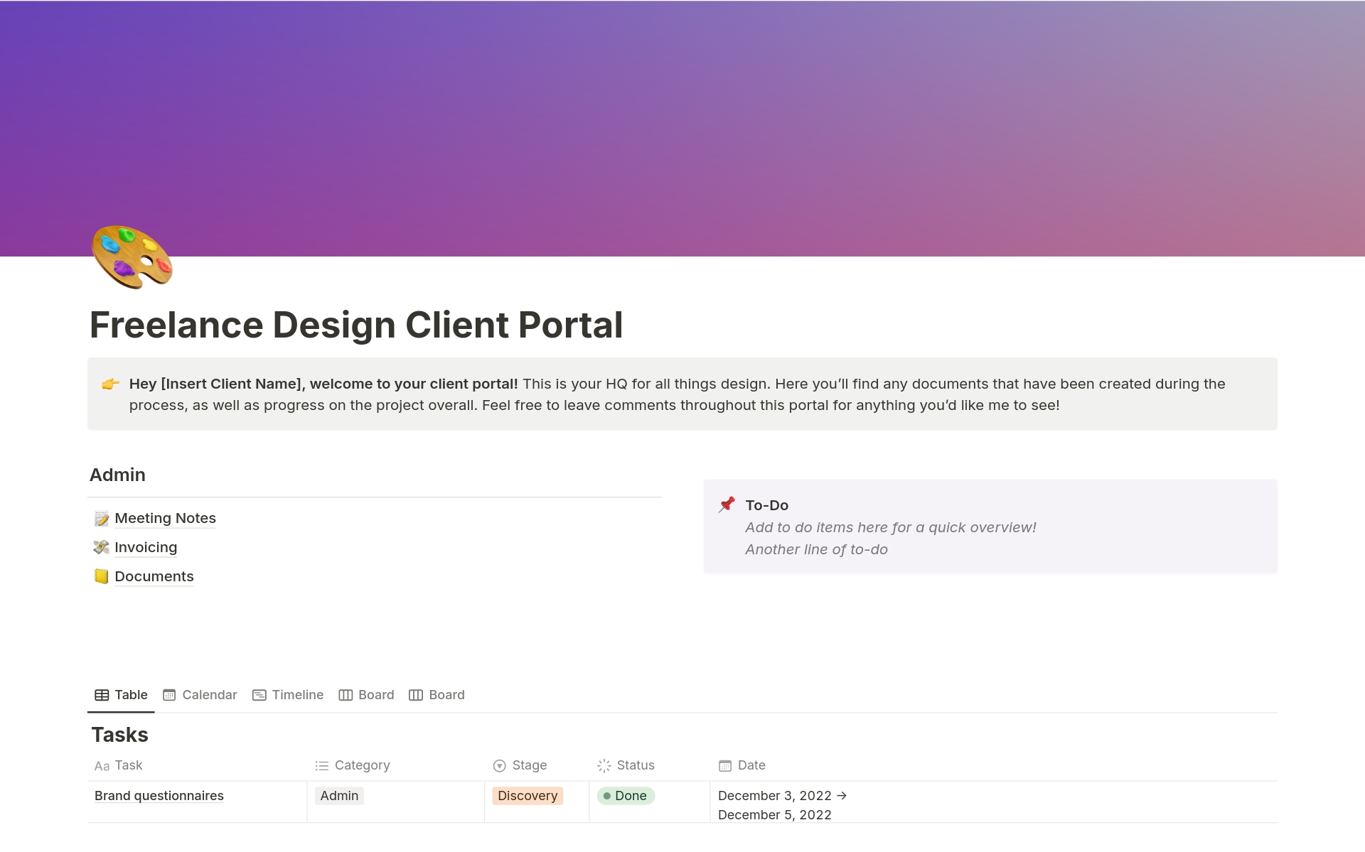 Elevate your freelance design business with our Client Portal Template. Streamline project management, collaborate effortlessly with clients, and impress with a professional presentation. Experience the difference today and take your business to new heights.