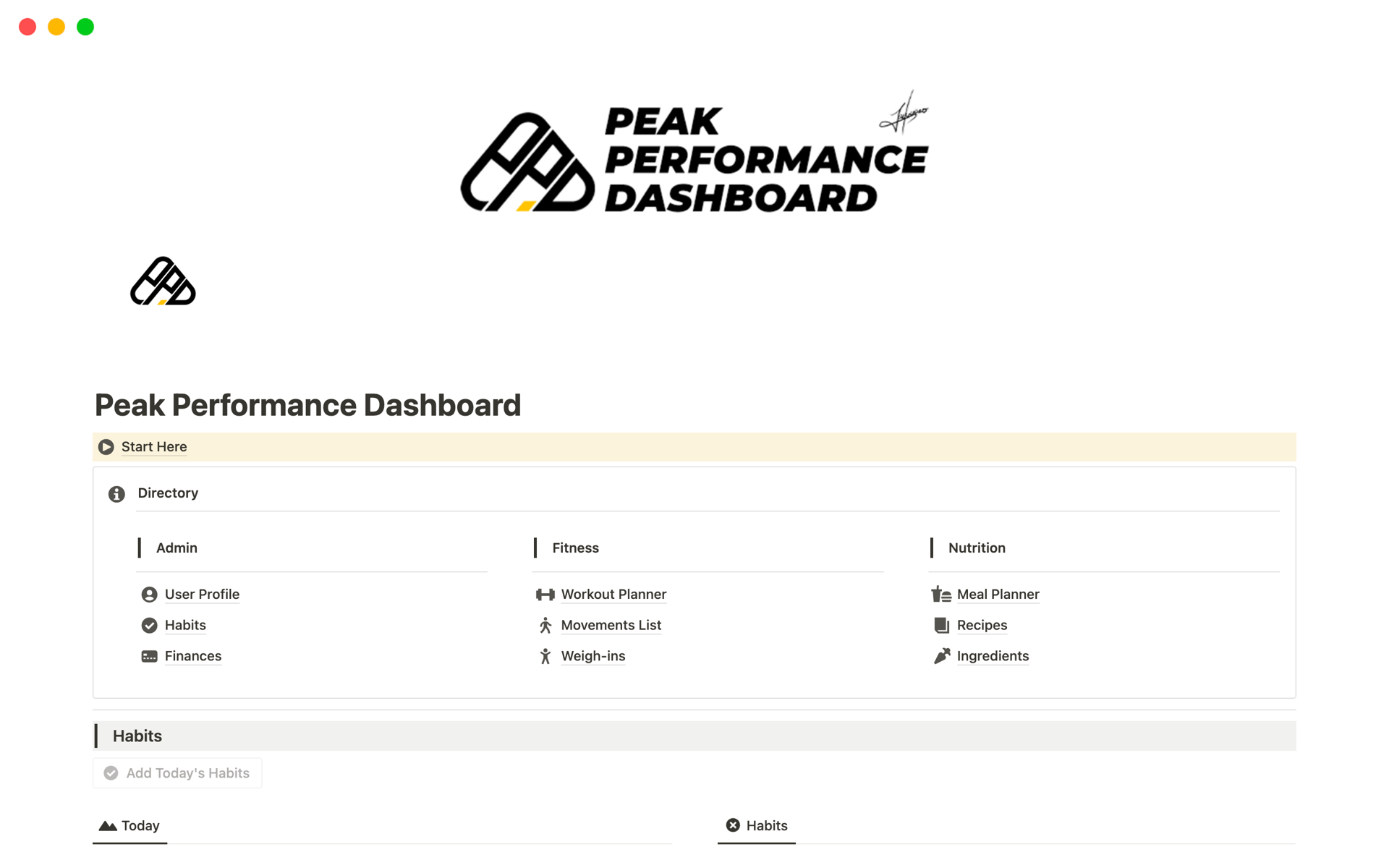 En forhåndsvisning av mal for Ultimate Peak Performance - Advanced Fitness, Nutrition, & Habit Tracker
