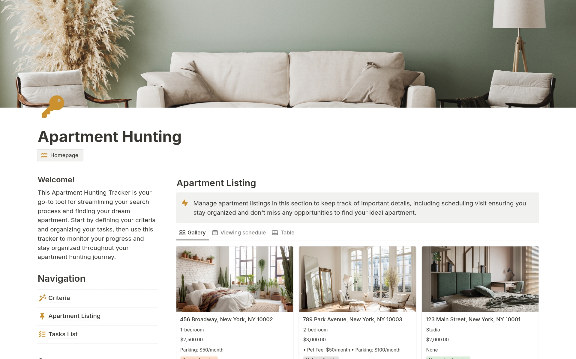 En förhandsgranskning av mallen för Apartment Hunting, House Hunting