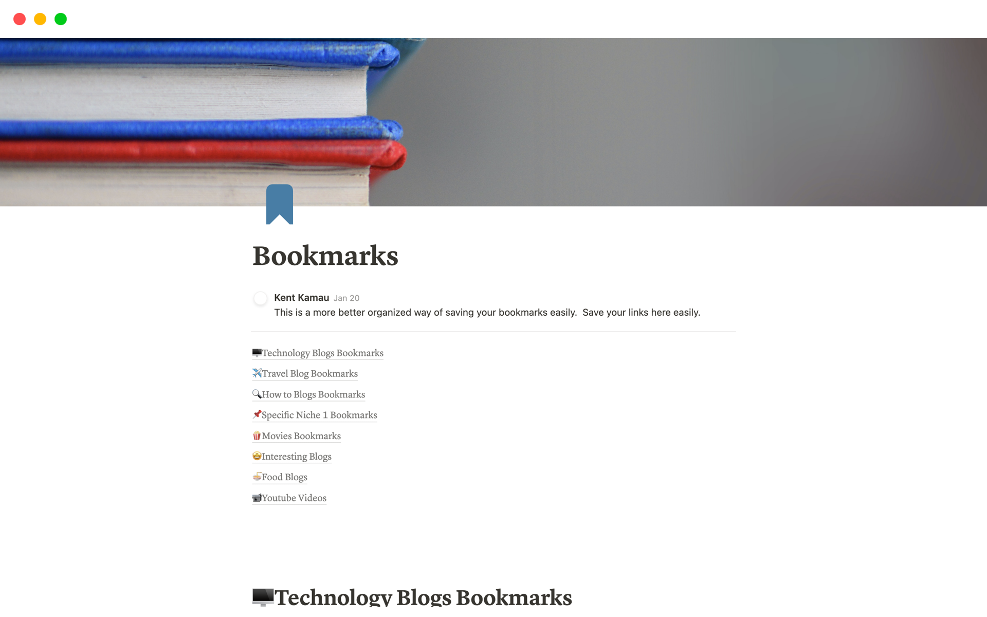 A template preview for Bookmarks