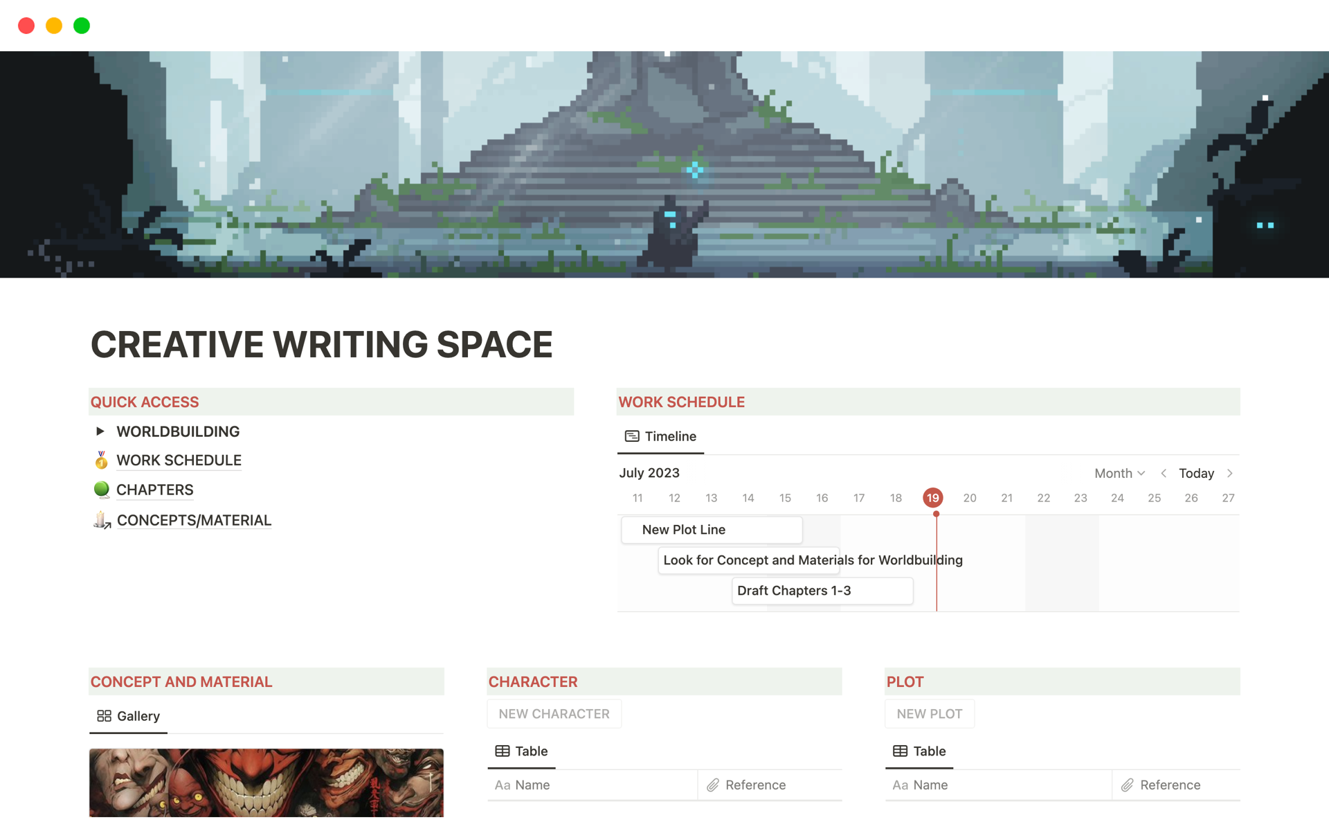 En förhandsgranskning av mallen för Creative writing space