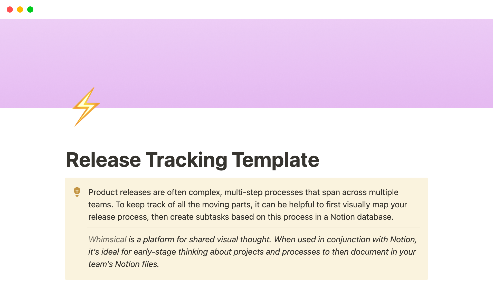 Vista previa de plantilla para Release Tracking Template