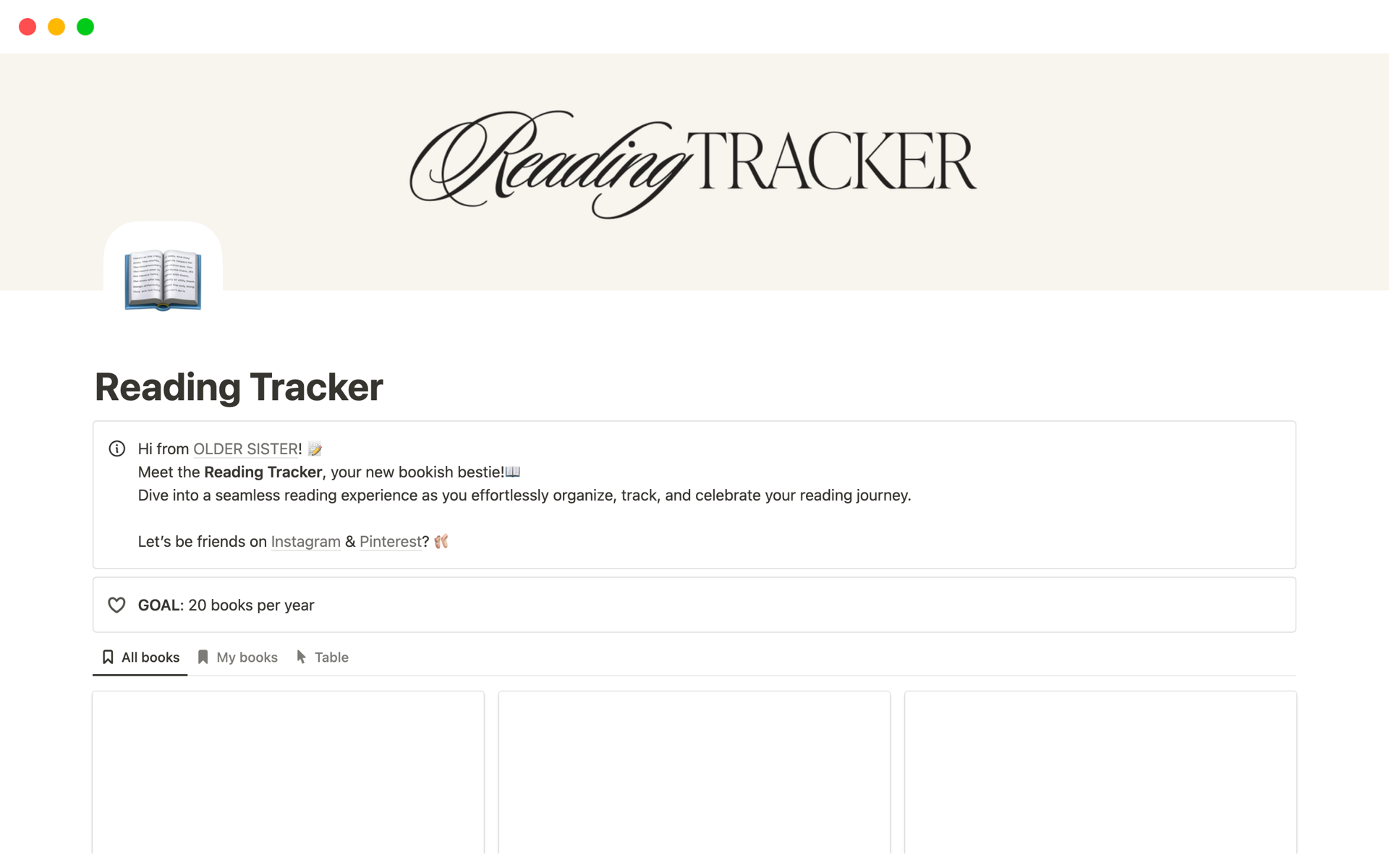 Vista previa de una plantilla para Reading Tracker