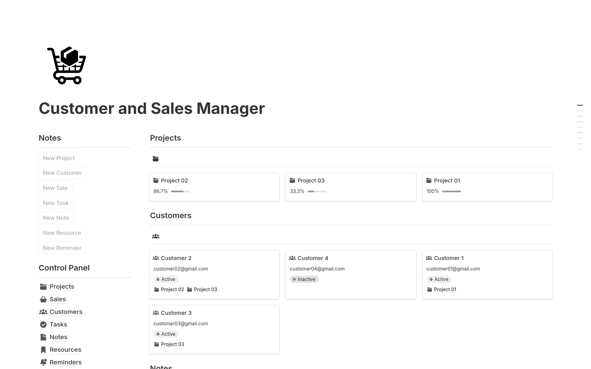 A template preview for Customer and Sales Manager