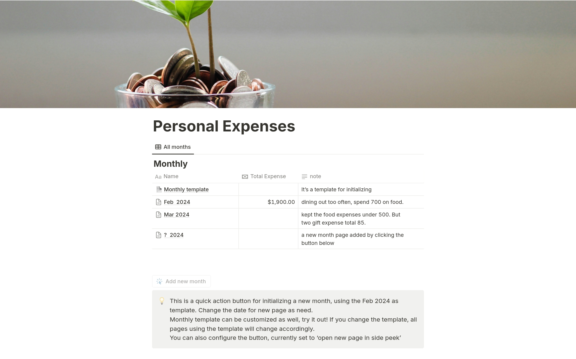 A template preview for Personal Expense Tracker with button automation