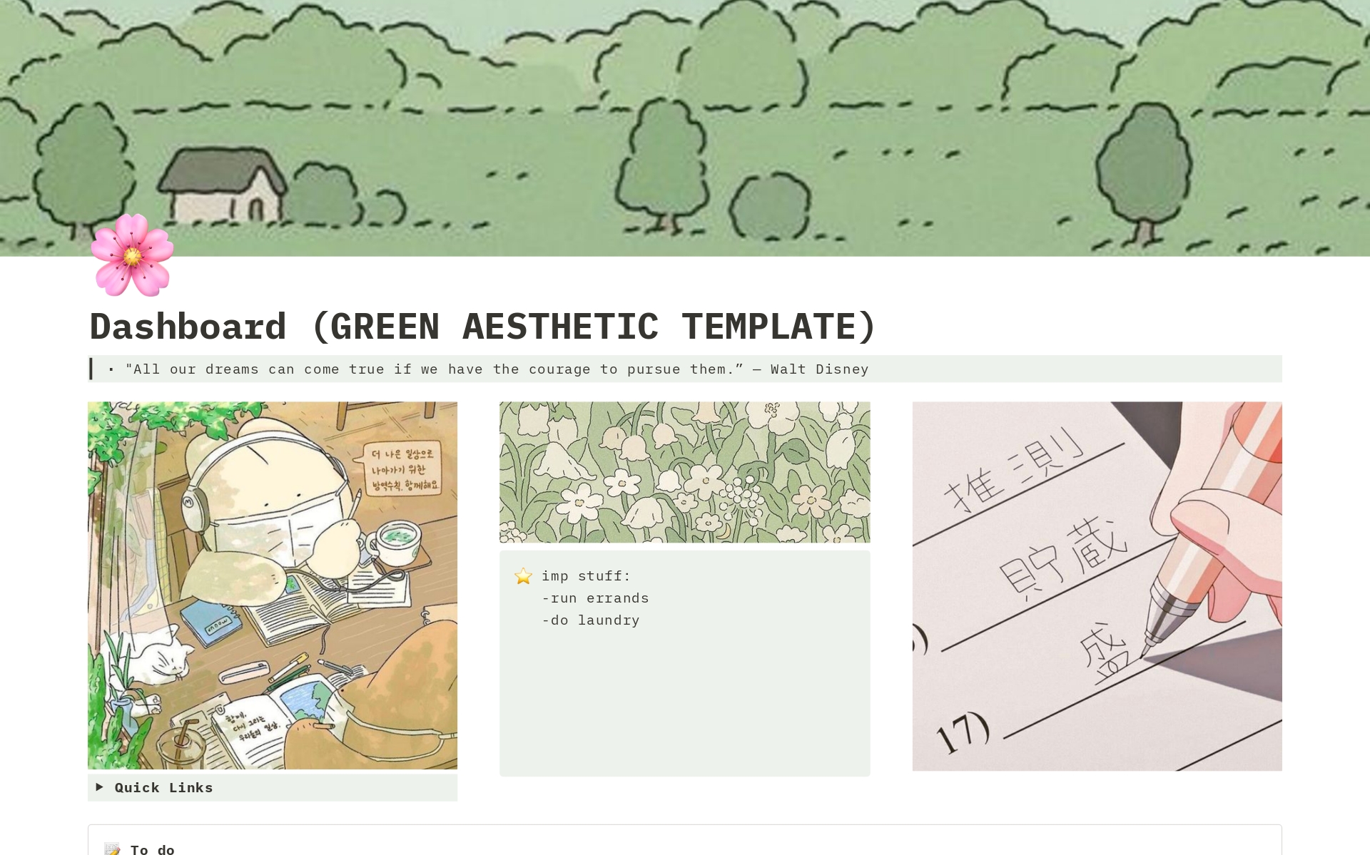 Meet the Green Notion Dashboard Aesthetic Template – my digital helper for school, staying productive, and keeping life in order, all with a touch of nature's charm!