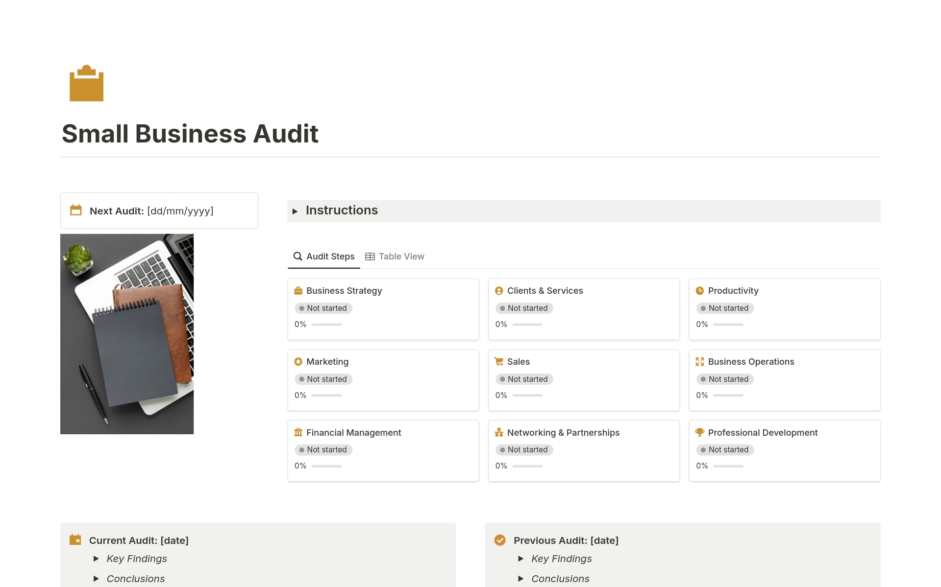 Optimize your business performance with the comprehensive Small Business Audit - FREE Template

A complete, step-by-step guide to assess and improve all aspects of your business.
