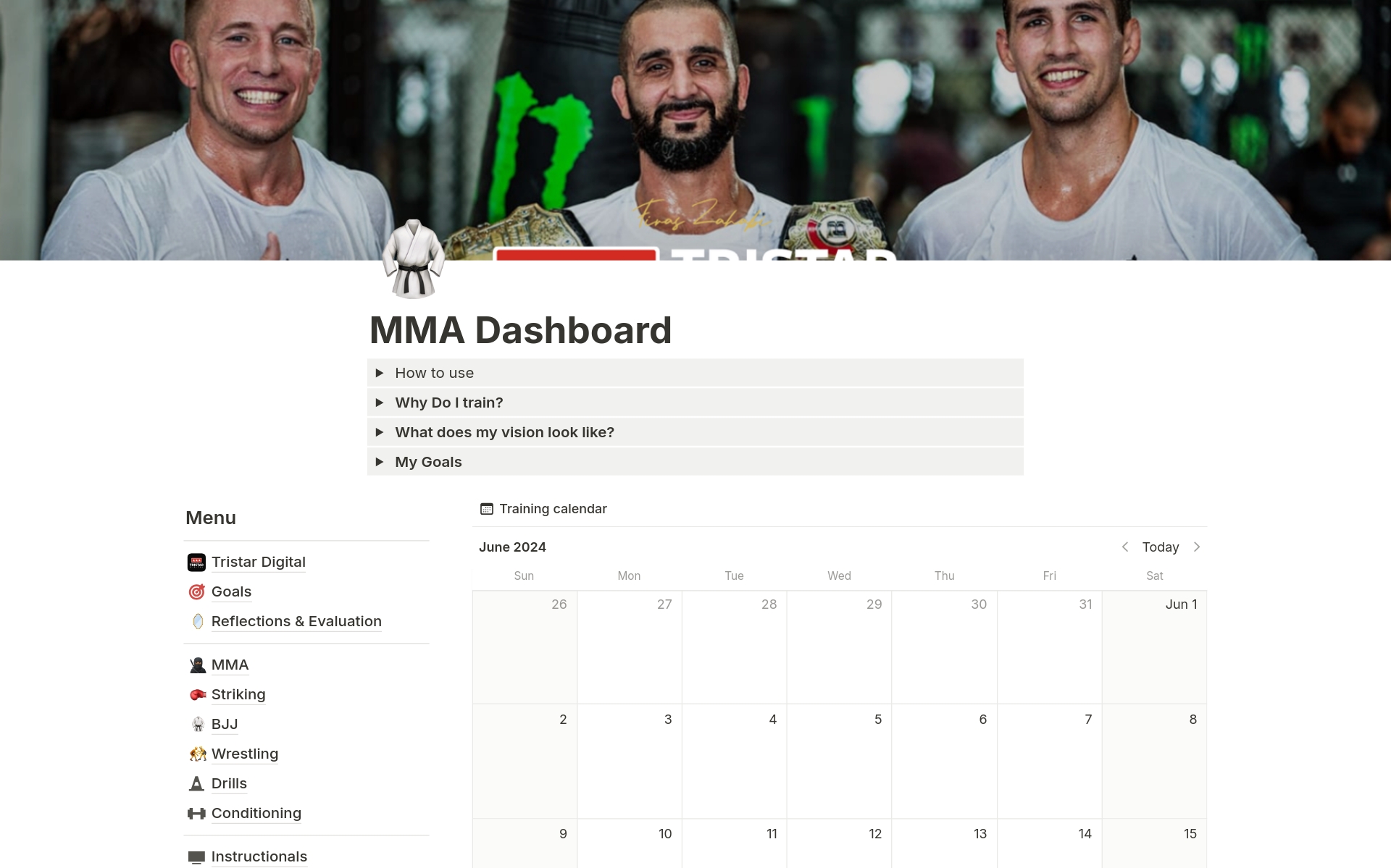 En forhåndsvisning av mal for MMA Mastery Dashboard By Tristar
