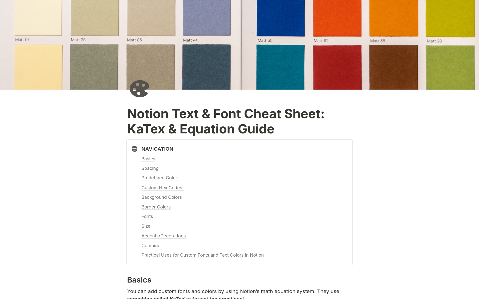 En forhåndsvisning av mal for Text & Font Cheat Sheet using KaTex