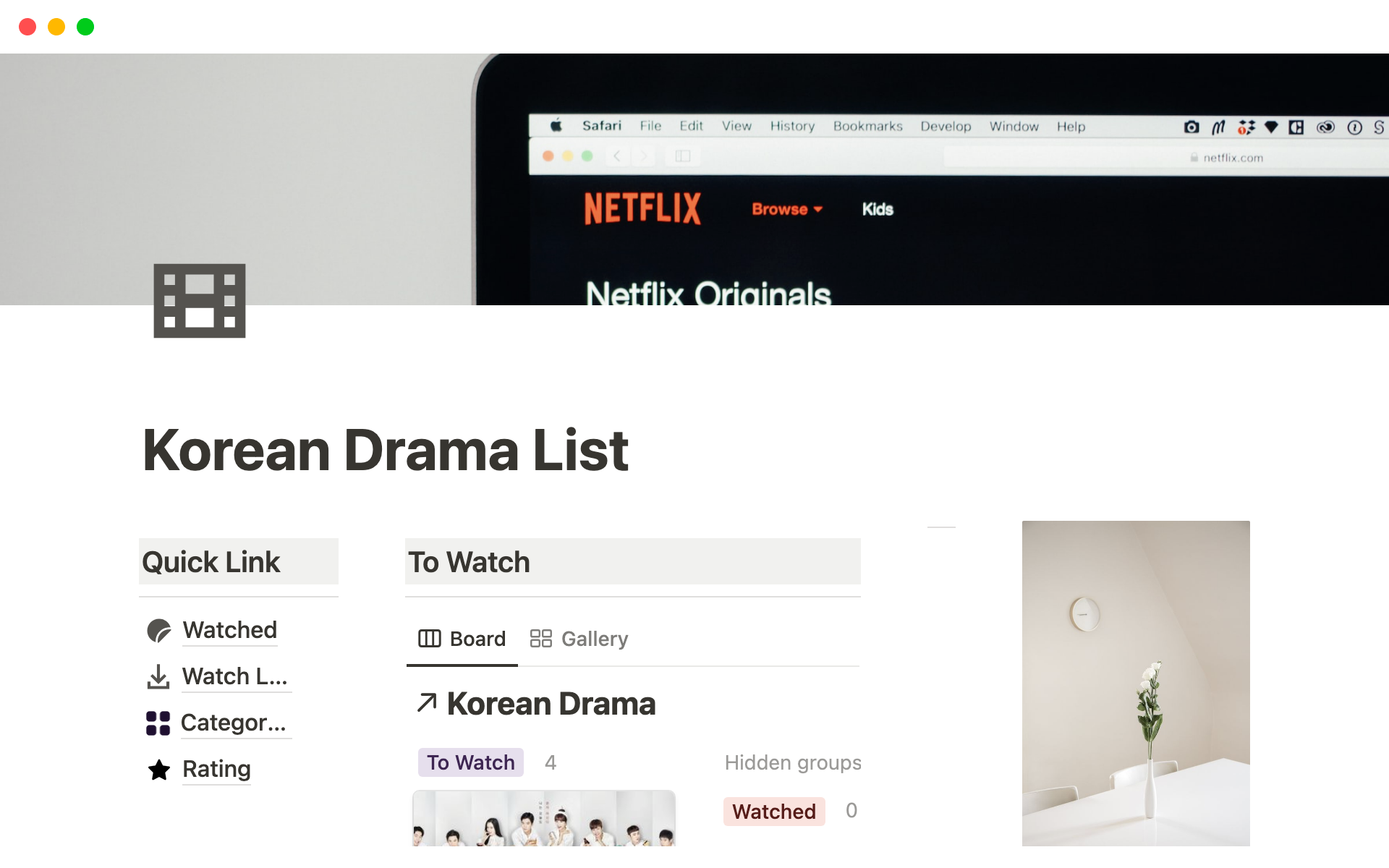 Eine Vorlagenvorschau für Notion Korean Drama Template