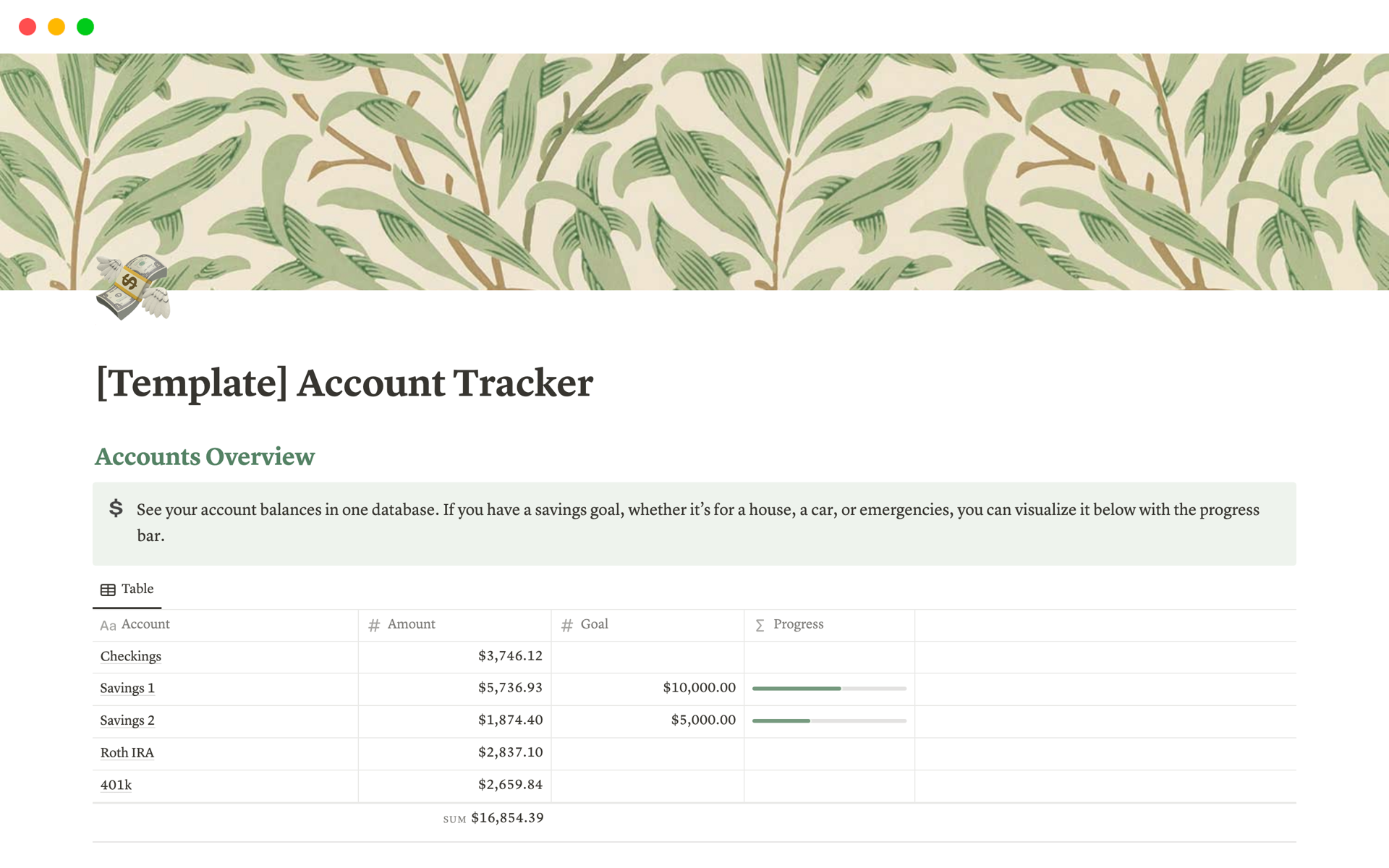 Uma prévia do modelo para Account Tracker