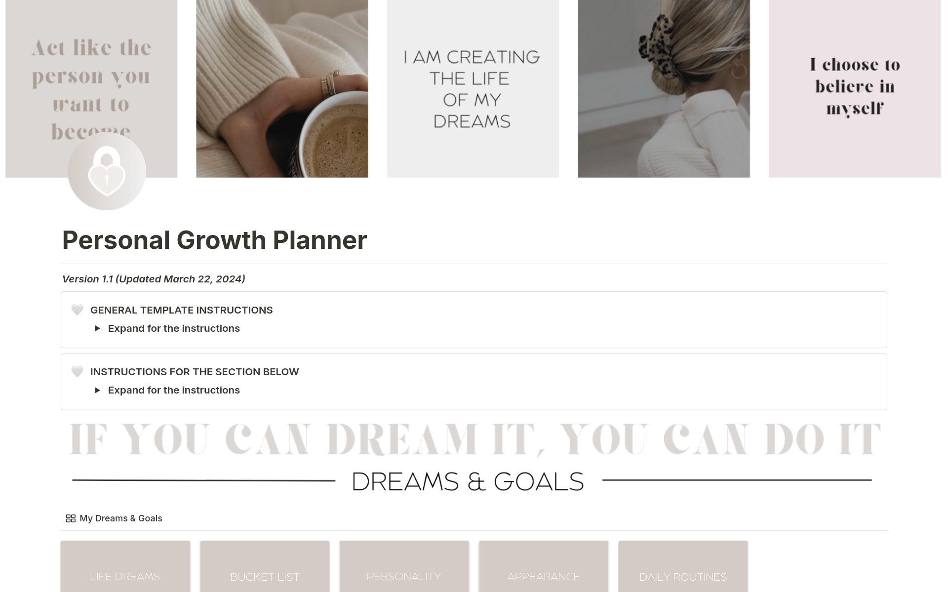 Vista previa de una plantilla para Personal Growth Planner