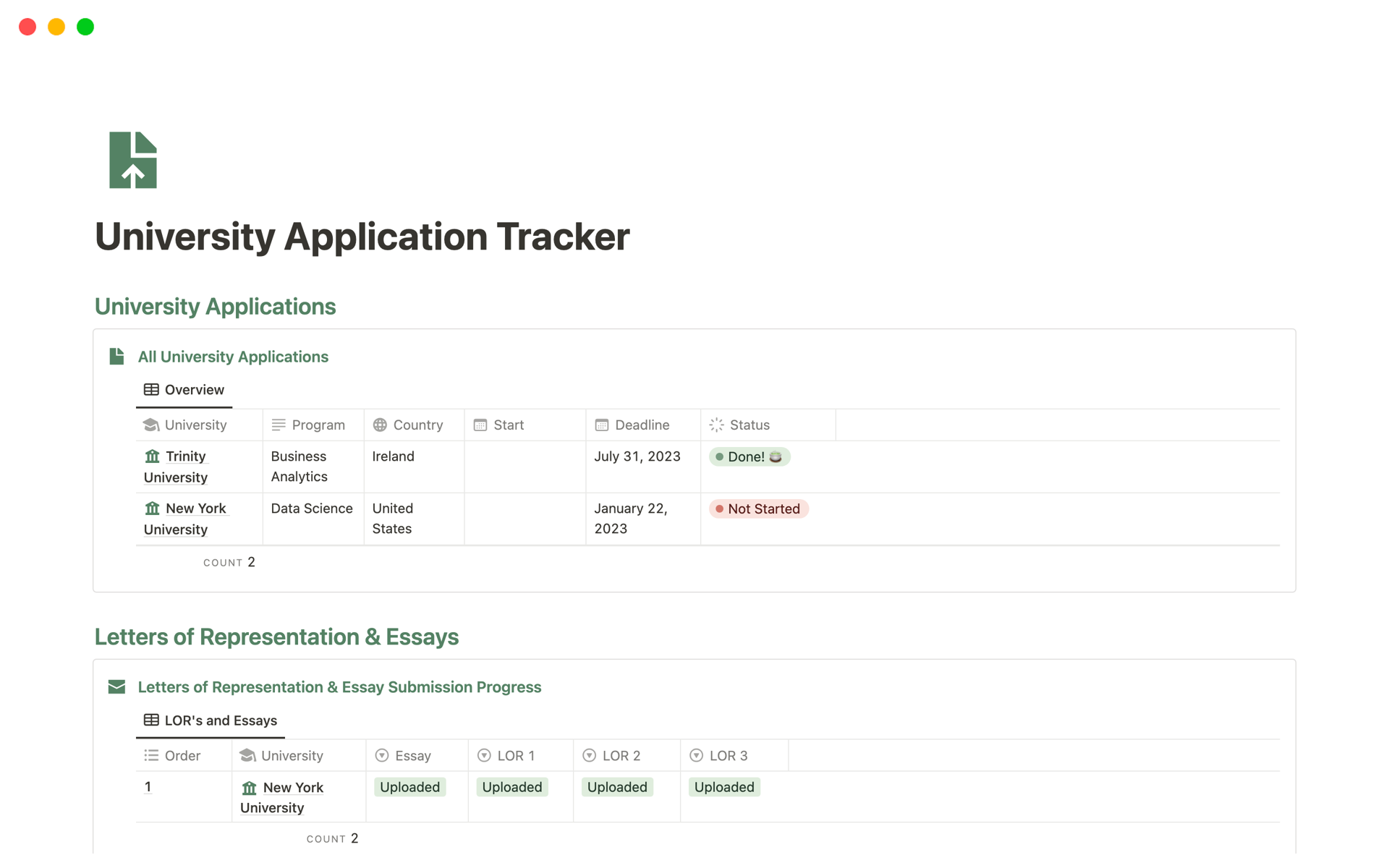 En forhåndsvisning av mal for Simple Green University Application Tracker