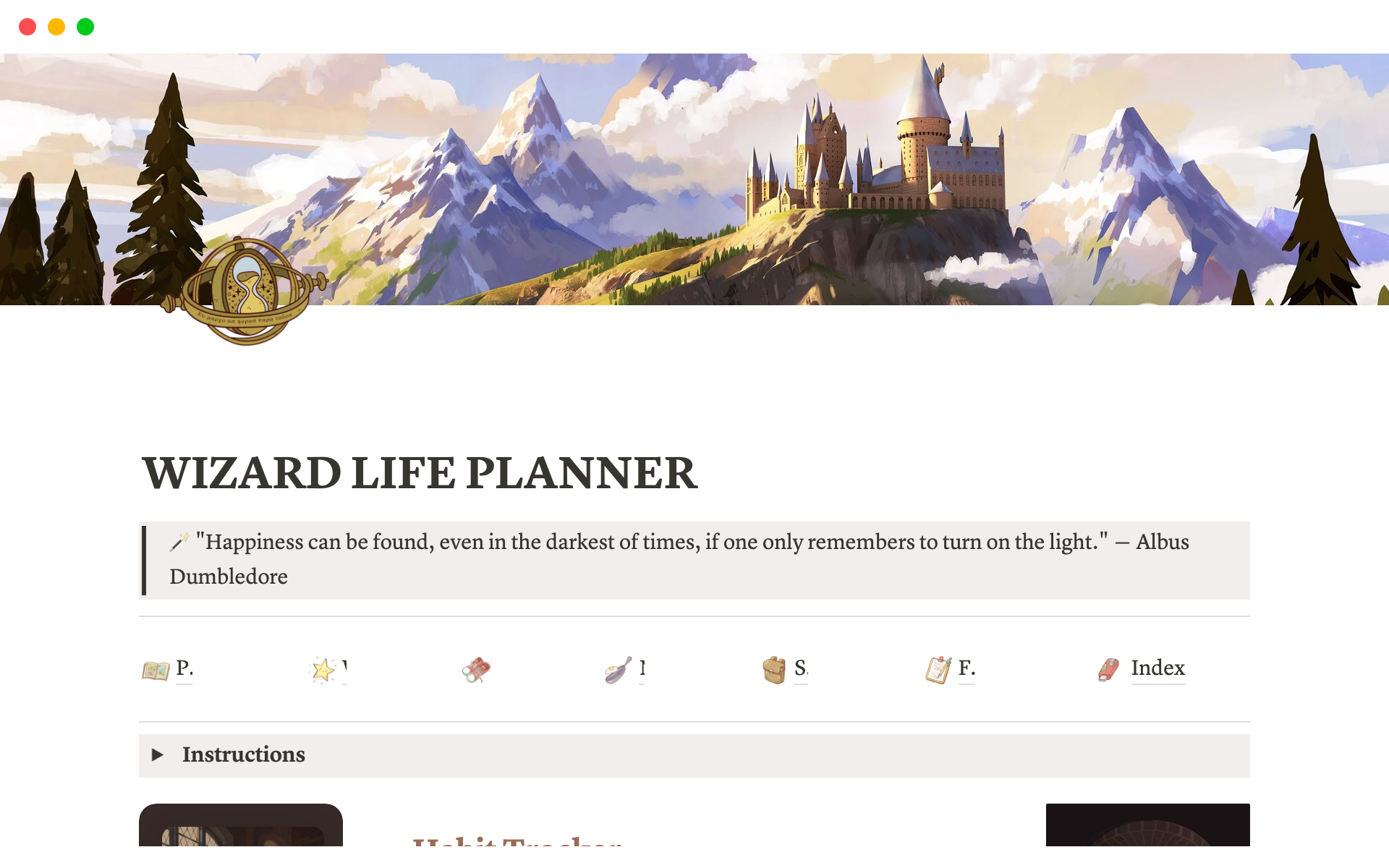 En forhåndsvisning av mal for Wizard Ultimate Life Planner Notion Template