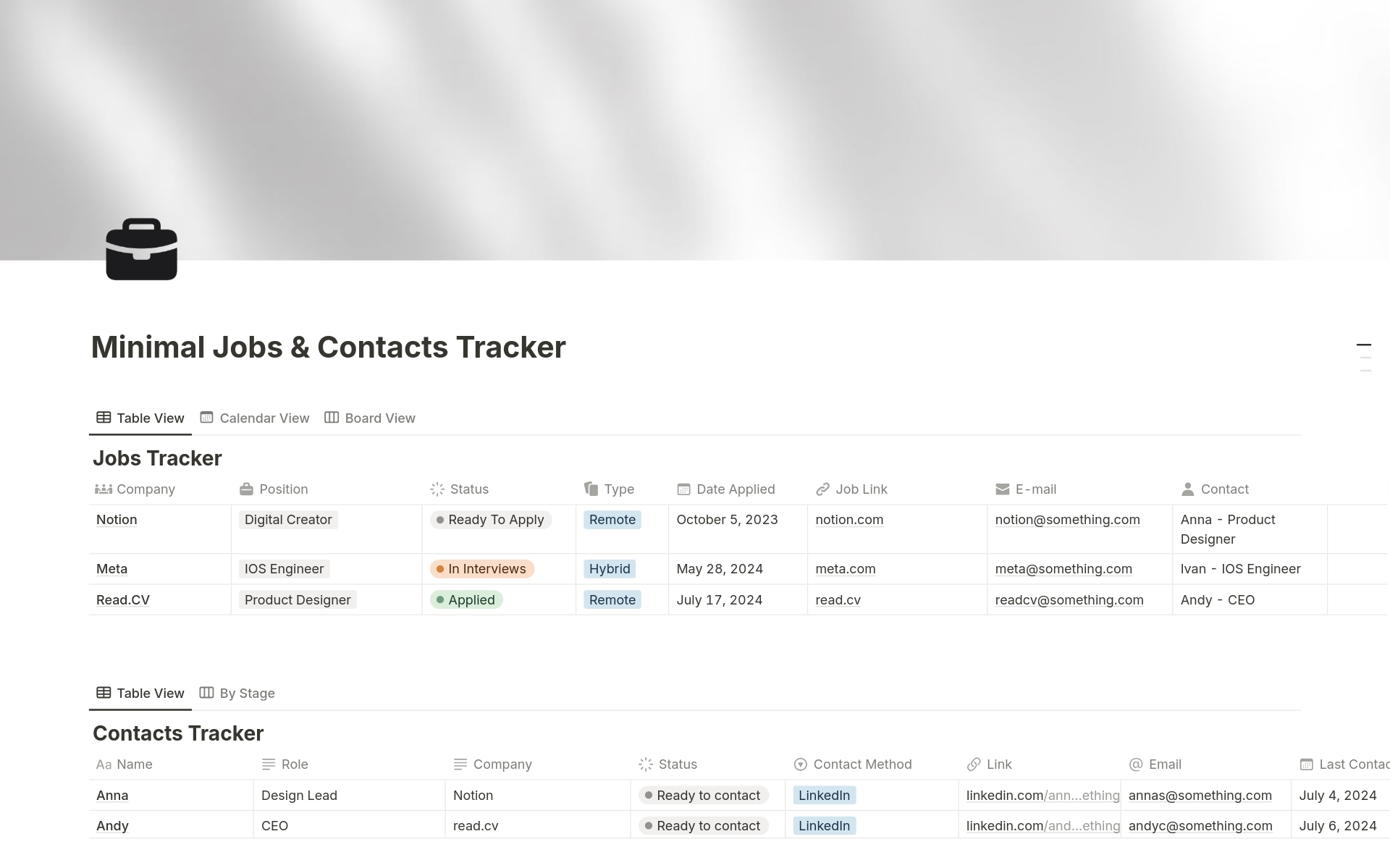 Vista previa de plantilla para Minimal Jobs & Contacts Tracker