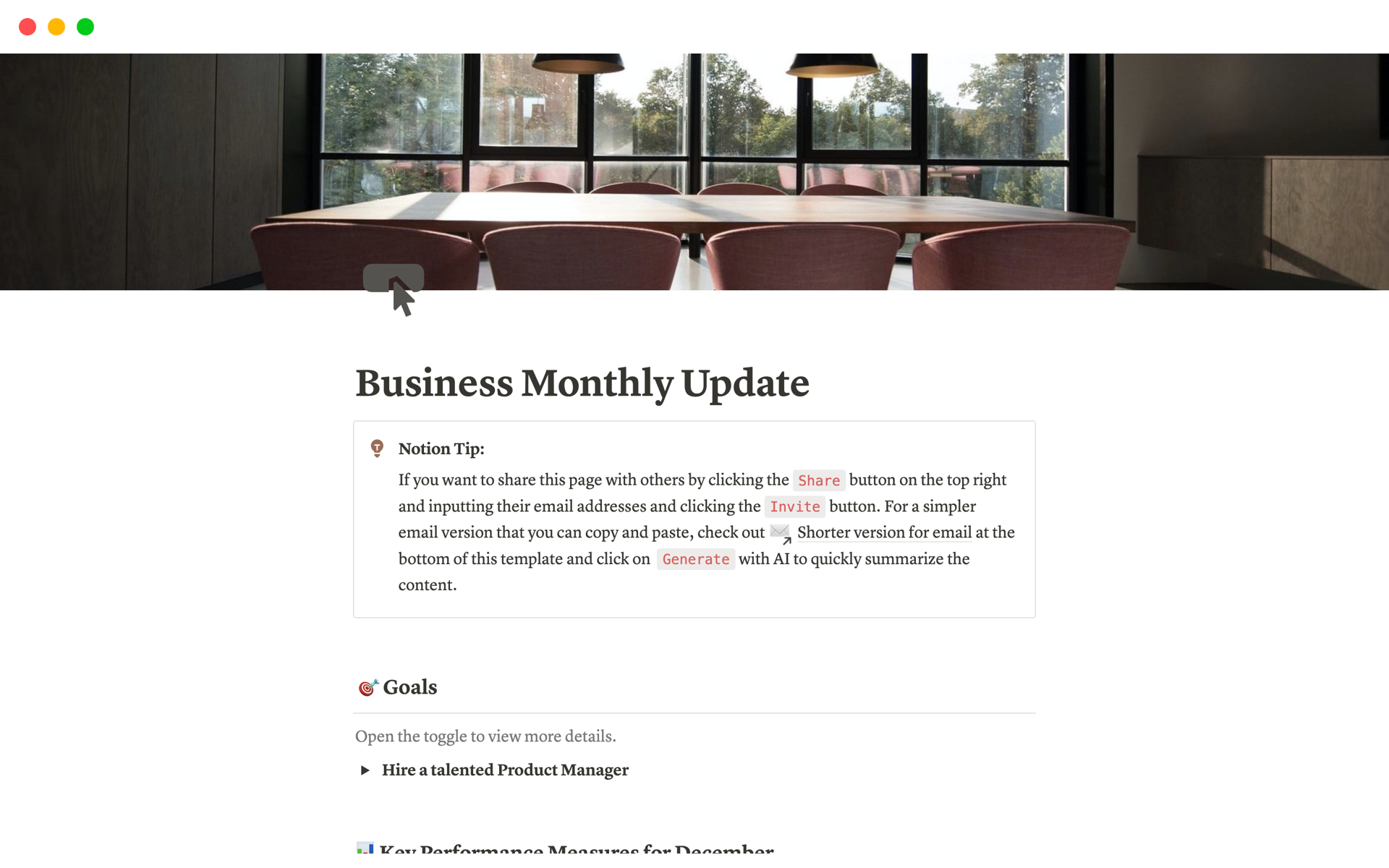 Uma prévia do modelo para Business Monthly Update