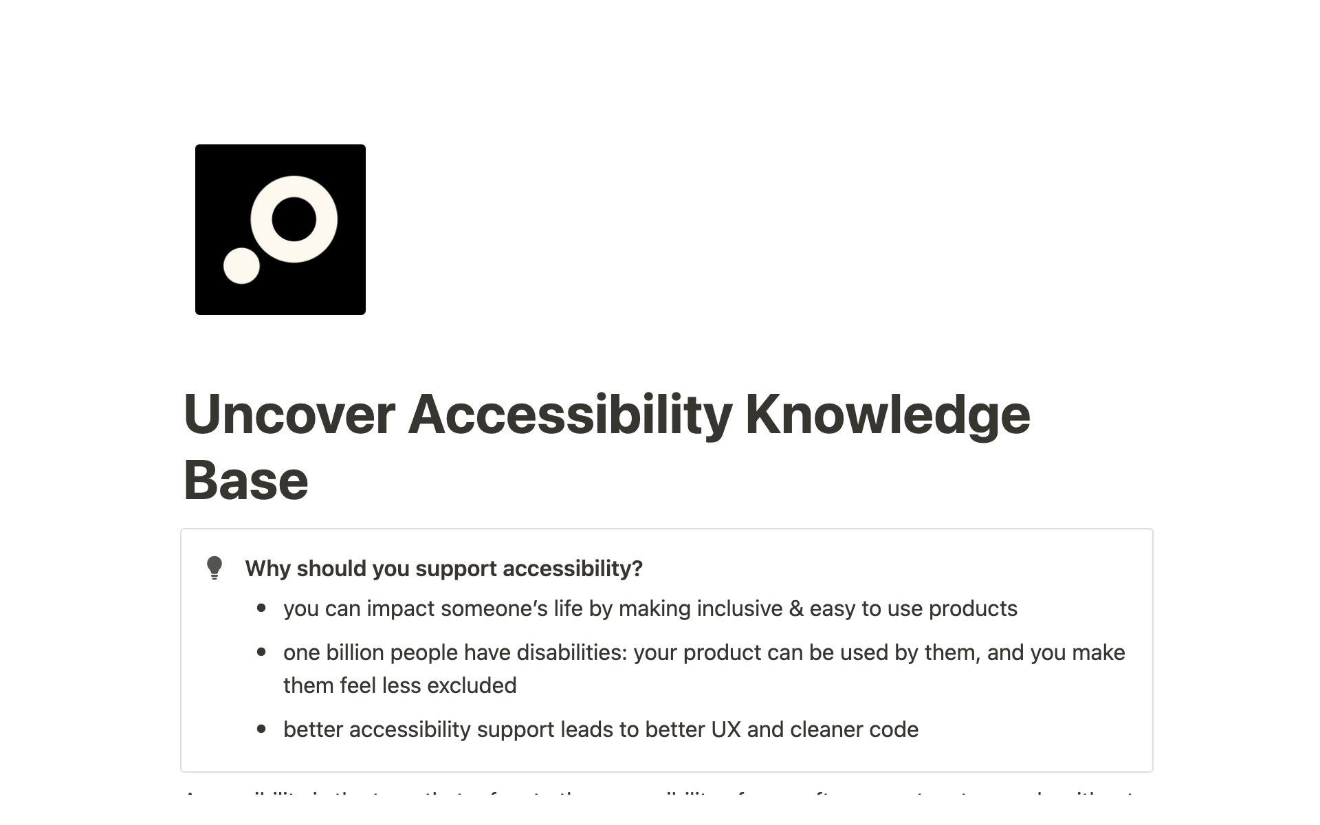 En förhandsgranskning av mallen för uncover Accessibility - knowledge base