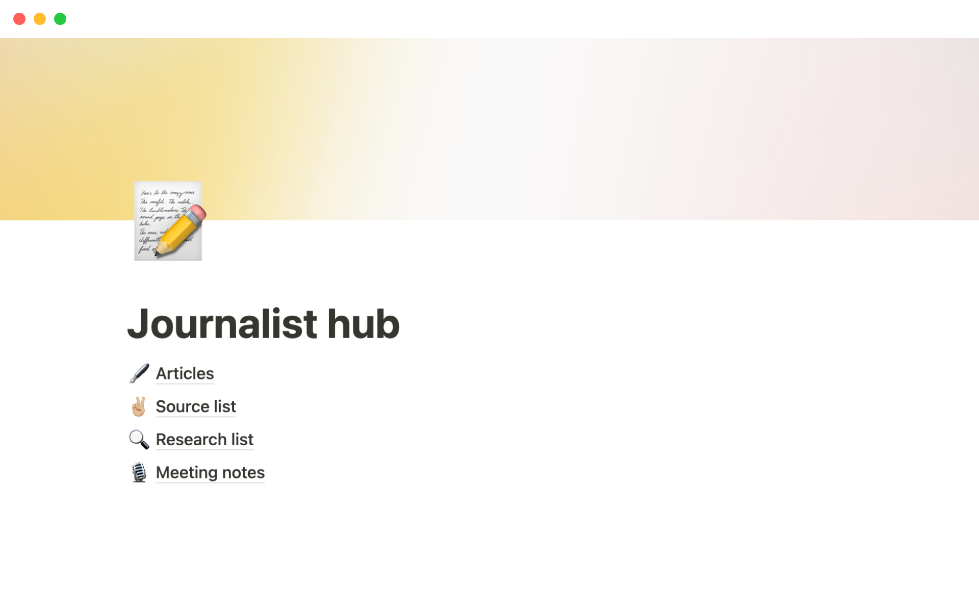 En forhåndsvisning av mal for Journalist hub