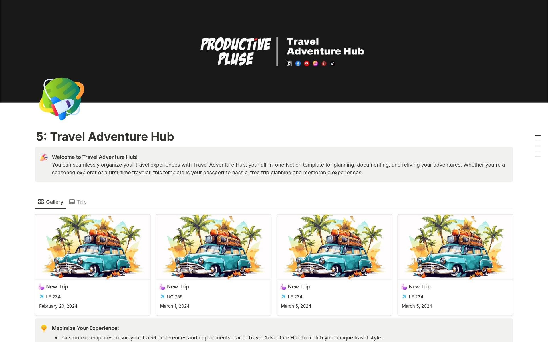 You can seamlessly organize your travel experiences with Travel Adventure Hub, your all-in-one Notion template for planning, documenting, and reliving your adventures. 