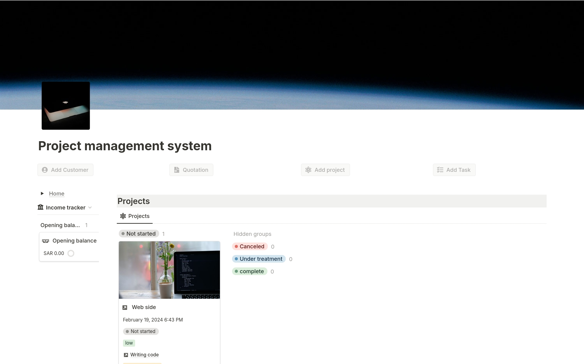 Vista previa de una plantilla para Project management system