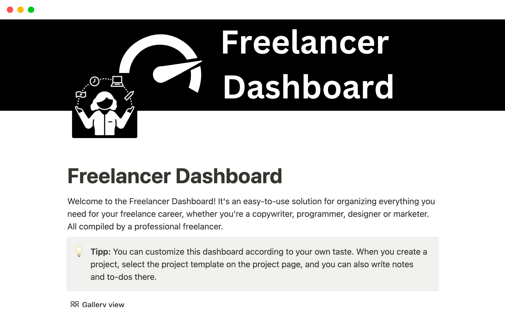 Uma prévia do modelo para Freelancer Dashboard
