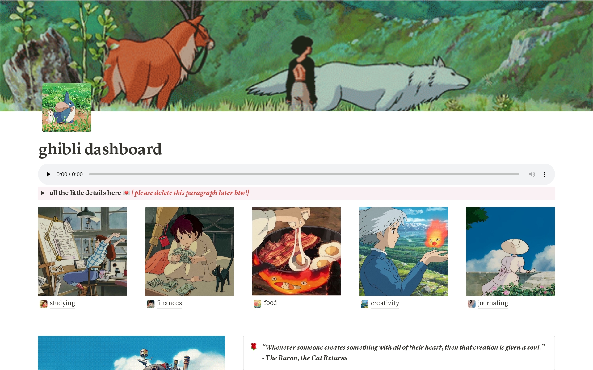 Studio Ghibli Aesthetic Dashboard | Notion template containing study planner, finance tracker, food recipe pages, journaling and creativity pages! 