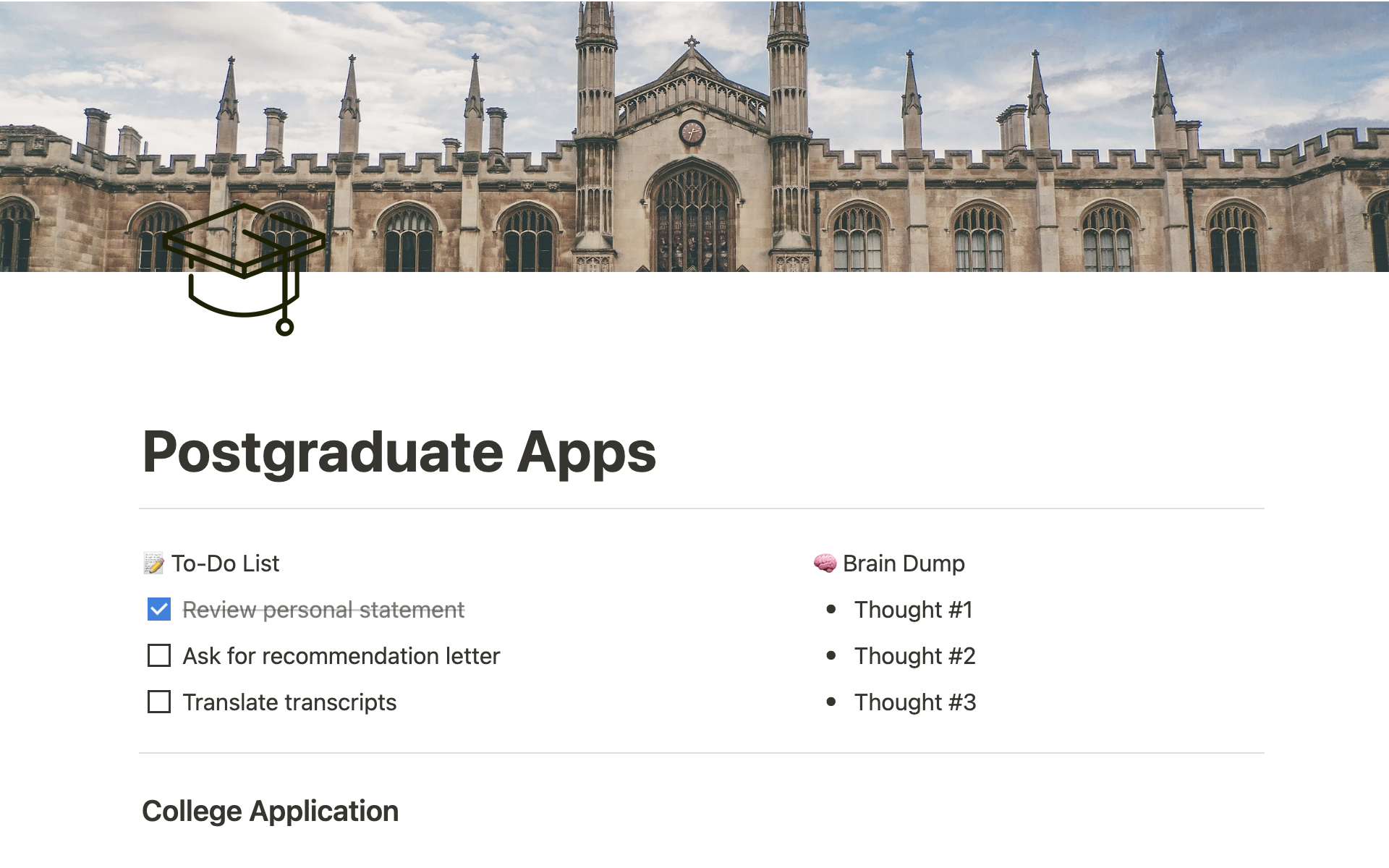 Vista previa de plantilla para University Application